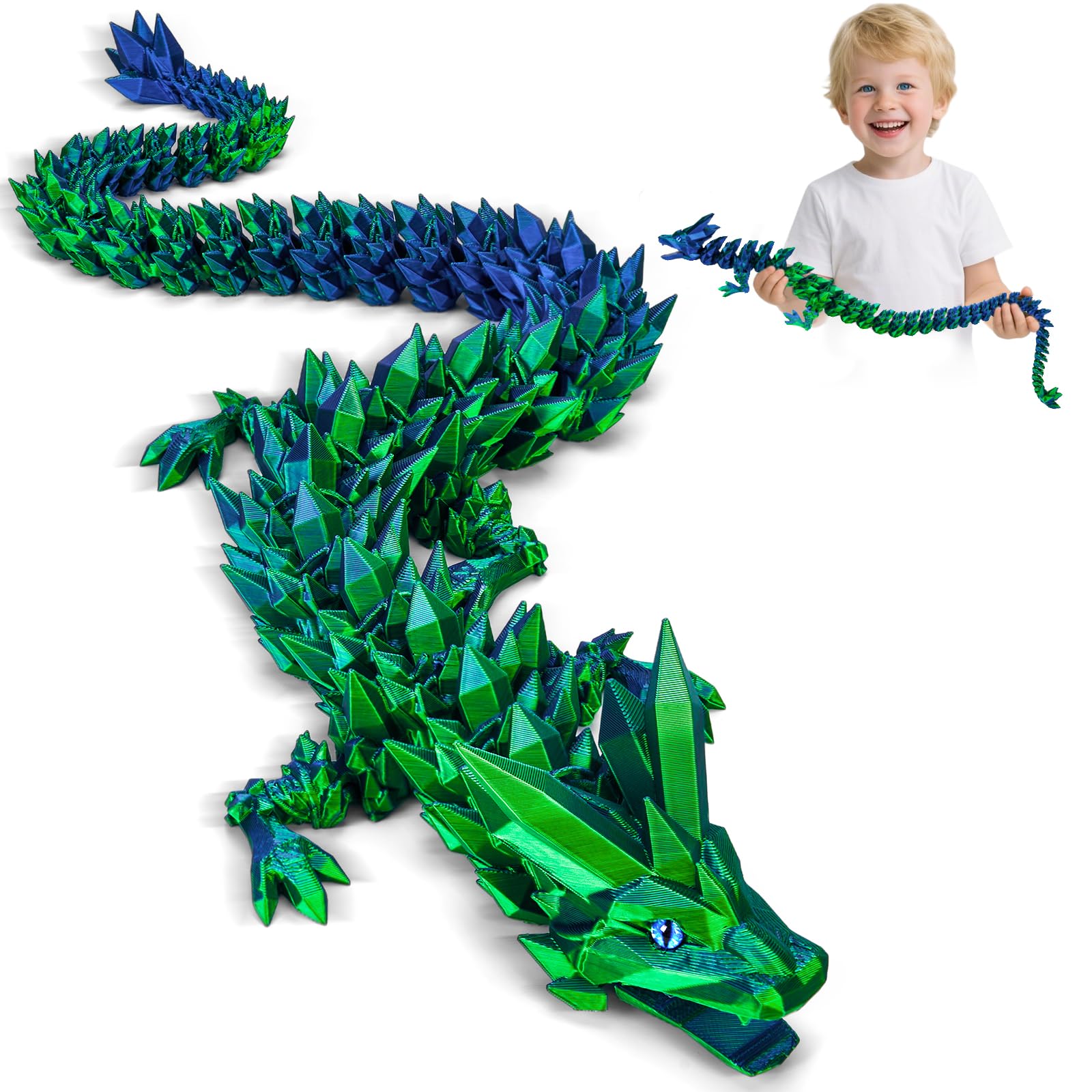 3D Printed Dragon Toys with Eyes, Bendable and Flexible Big Fidget, 24 inches Dazzling Gradient Crystal Wyrm, Articulated Gem Serpent Figure for Home Decor (Mystical Blue-Green Dragon)
