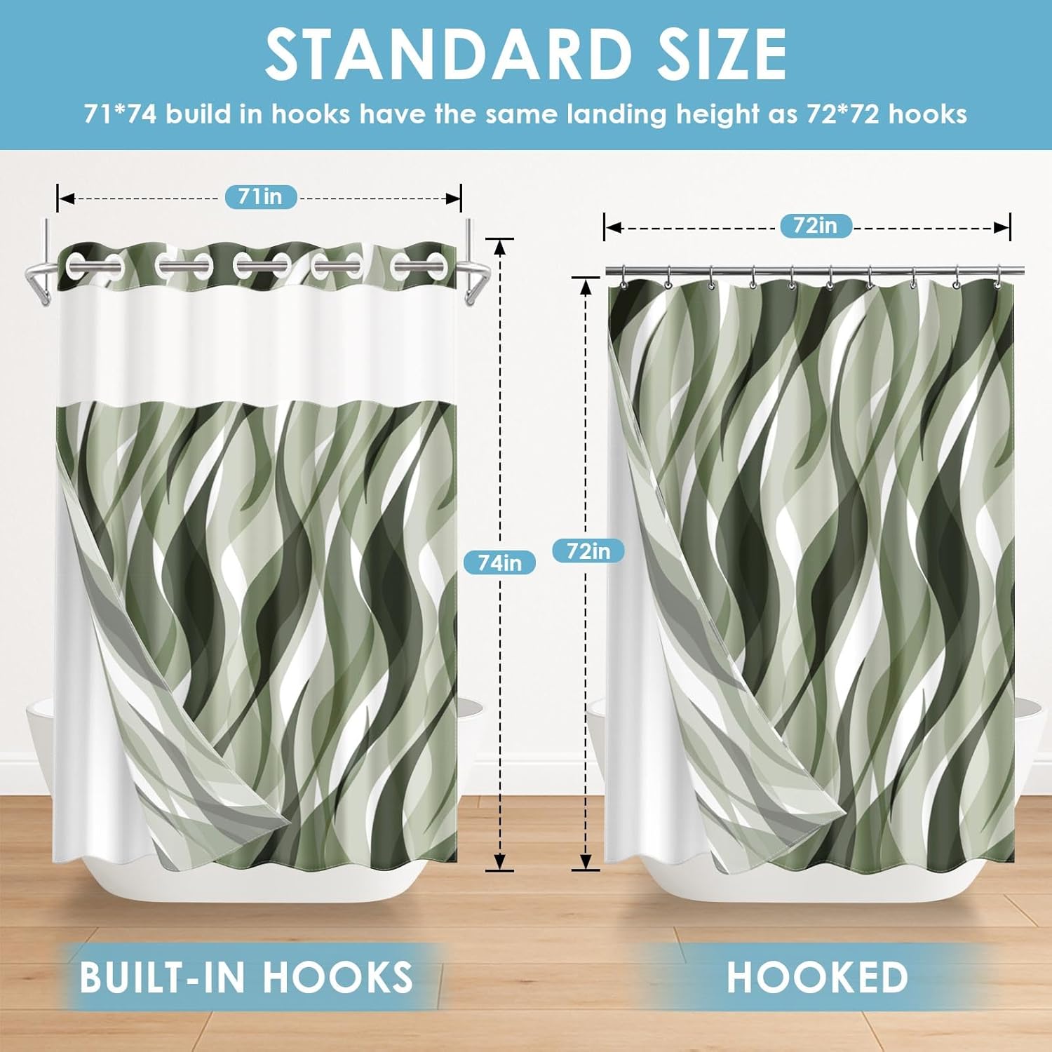 No Hook Green Shower Curtain with Snap in Fabric Liner Set, Modern Abstract Striped Double Layers Waterproof Fabric with See Through Top Window Open Grommet Bath Curtain 71x74 Inch