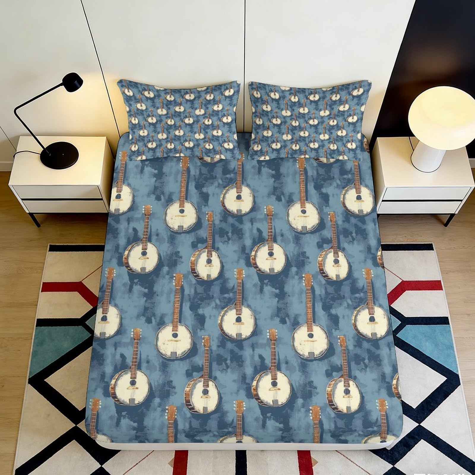3D Printed Banjo Guitar Fitted Sheet Microfiber Blue Music Pattern Mattress Cover for Bedroom Dorm Decor 90x200x25cm