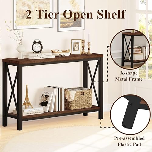 Miniatura 3 de BON AUGURE Mesa consola de 2 niveles para entrada, mesa de sofá de madera de metal detrás del sofá para sala de estar, mesas de entrada industriales