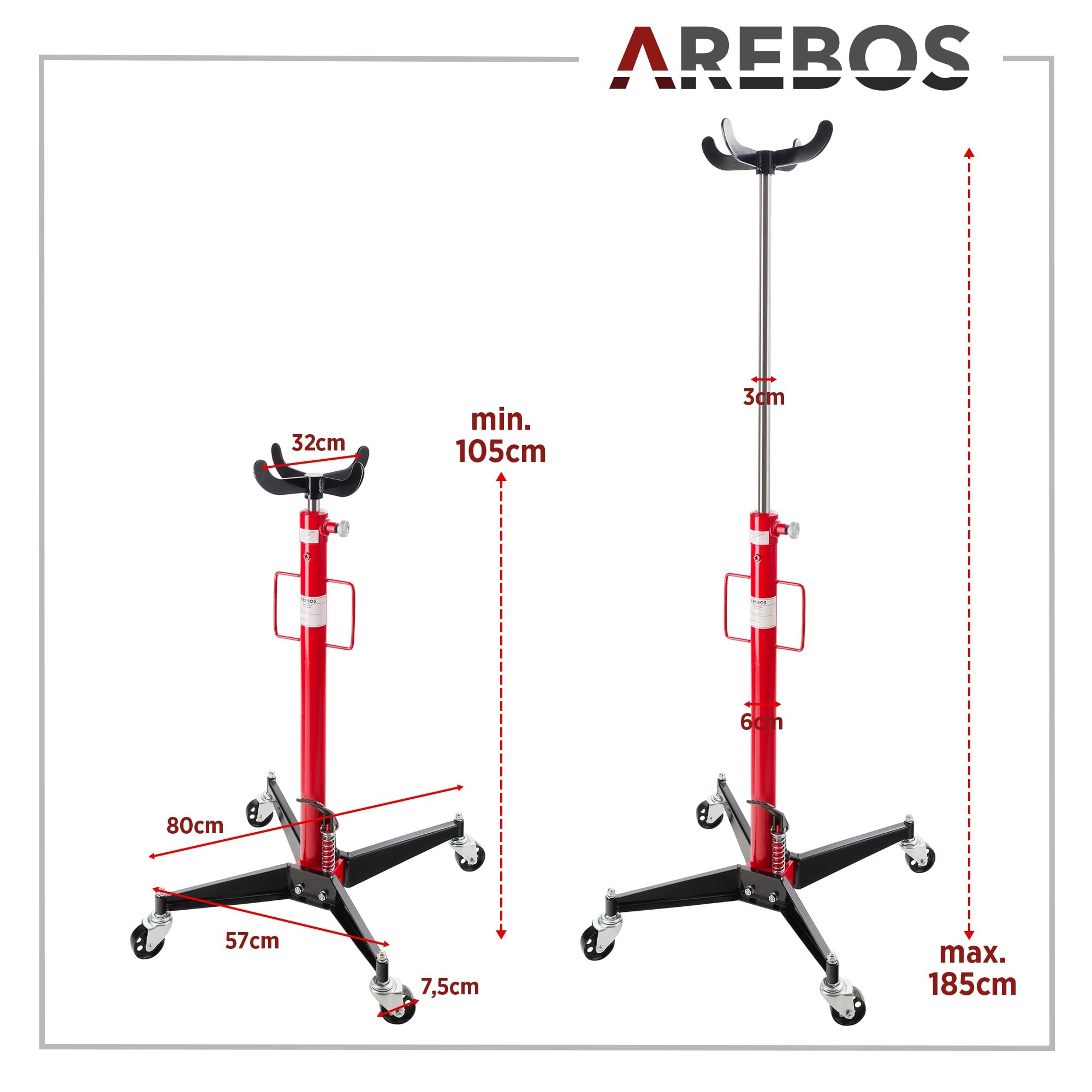 Arebos Getriebeheber hydraulisch | 500 kg Motorheber | Arbeitshöhe 105-185 cm | 4 Lenkrollen inkl. Fußpedal | stufenlos regulierbar | hydraulik | rot/schwarz