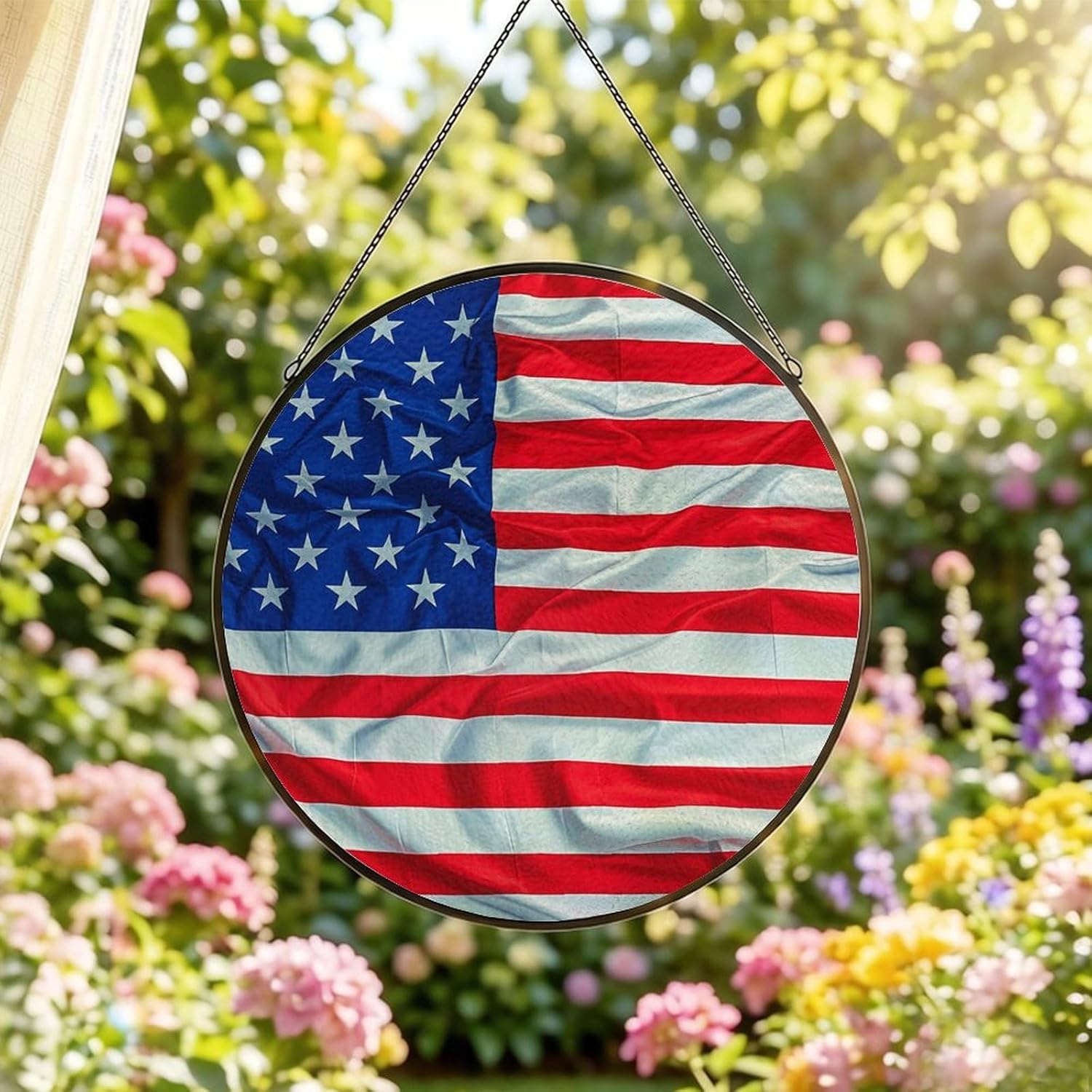Stained Glass Hanging Sign Suncatcher, American Flag Pattern