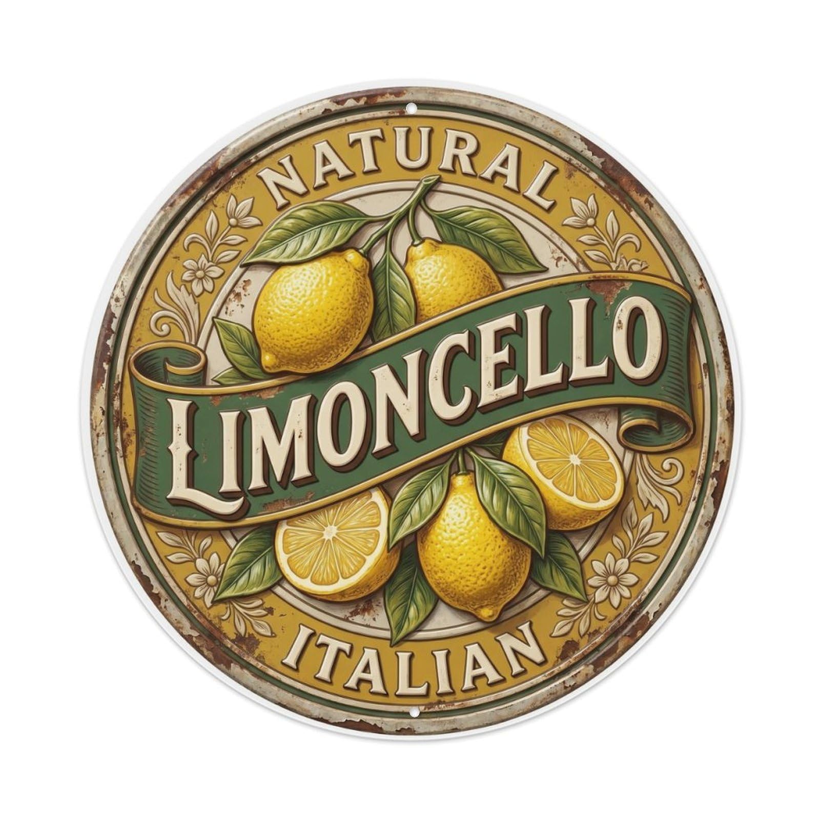 Fqcyn Style Natural Italian Crest Limoncello Metal Tin Sign Plaque Wall Decor For Cafe, Club Bar, Office, Home Garden Round Metal Poster 8X8inch