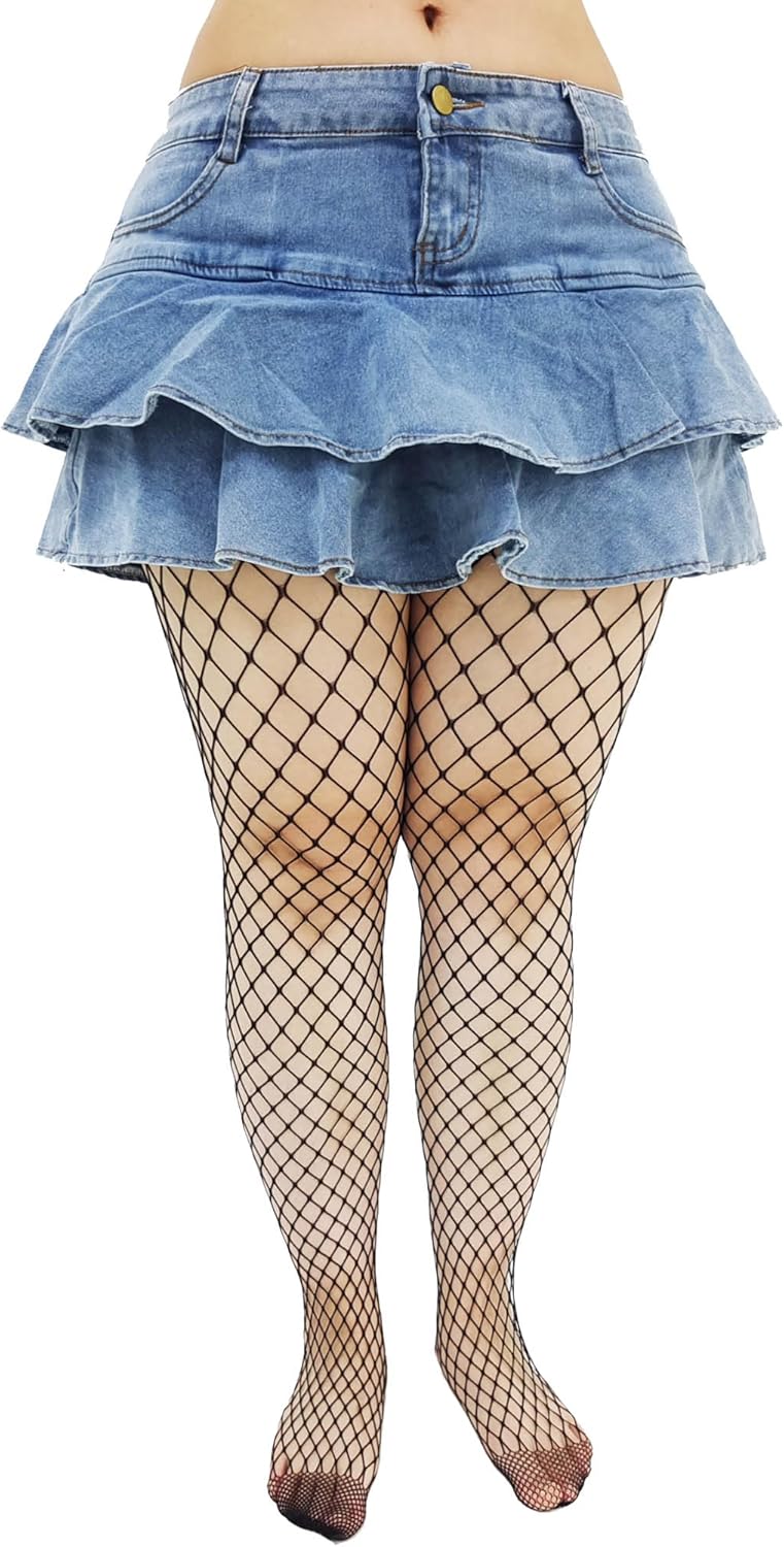 Women's Mini Denim Skirt,2-Ply Ruffle Layers+Fishnet Socks Set,Summer A-Line Pleated Jean Skirt with Safety Pants