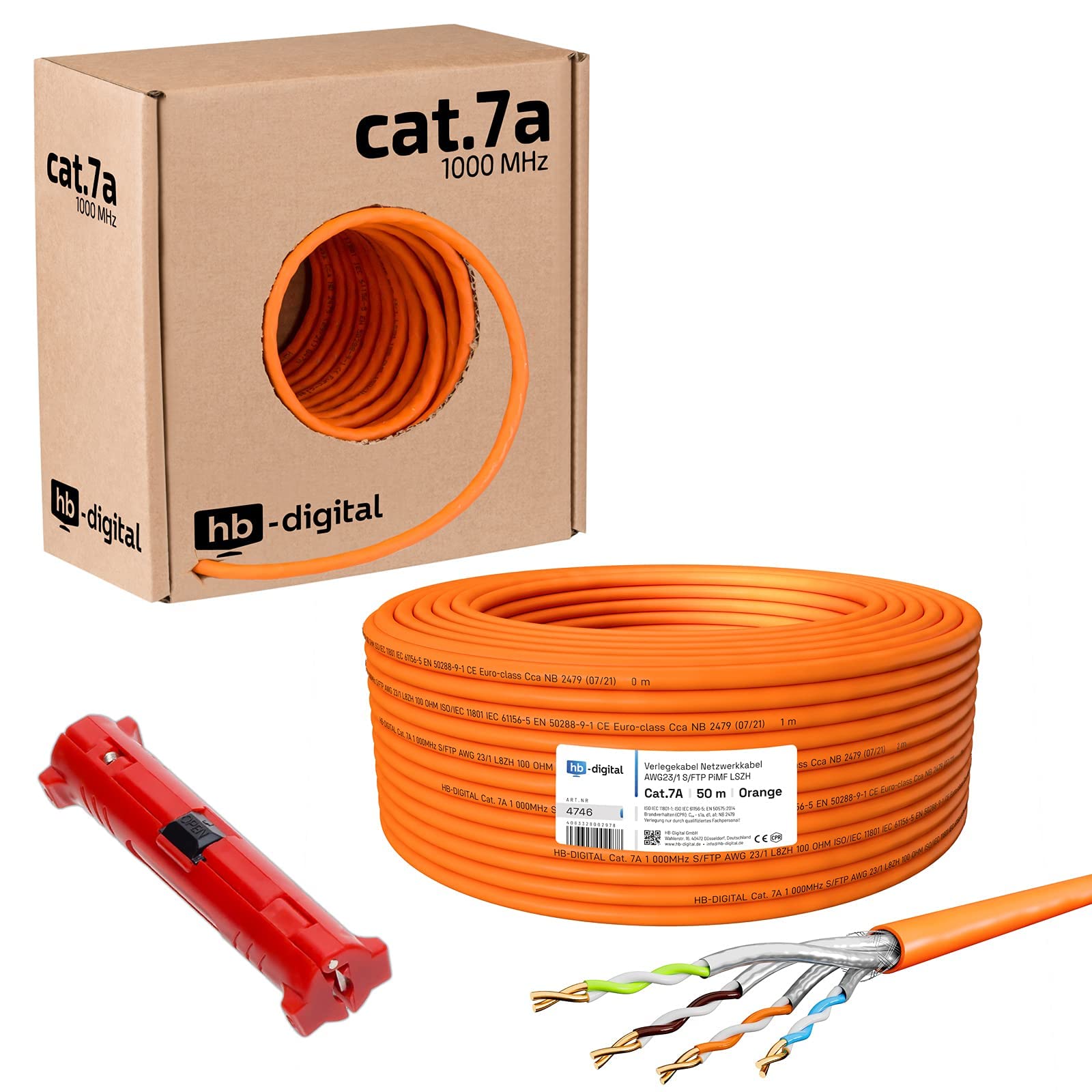 HB-DIGITAL 50m CAT.7a Netzwerkkabel Orange Verlegekabel Ethernet LAN AWG23 Reines Kupfer S/FTP PiMF LSZH Halogenfrei RoHS-Compliant Installation Datenkabel PoE 10Gbit/s max. 1200MHz + Abisolierer
