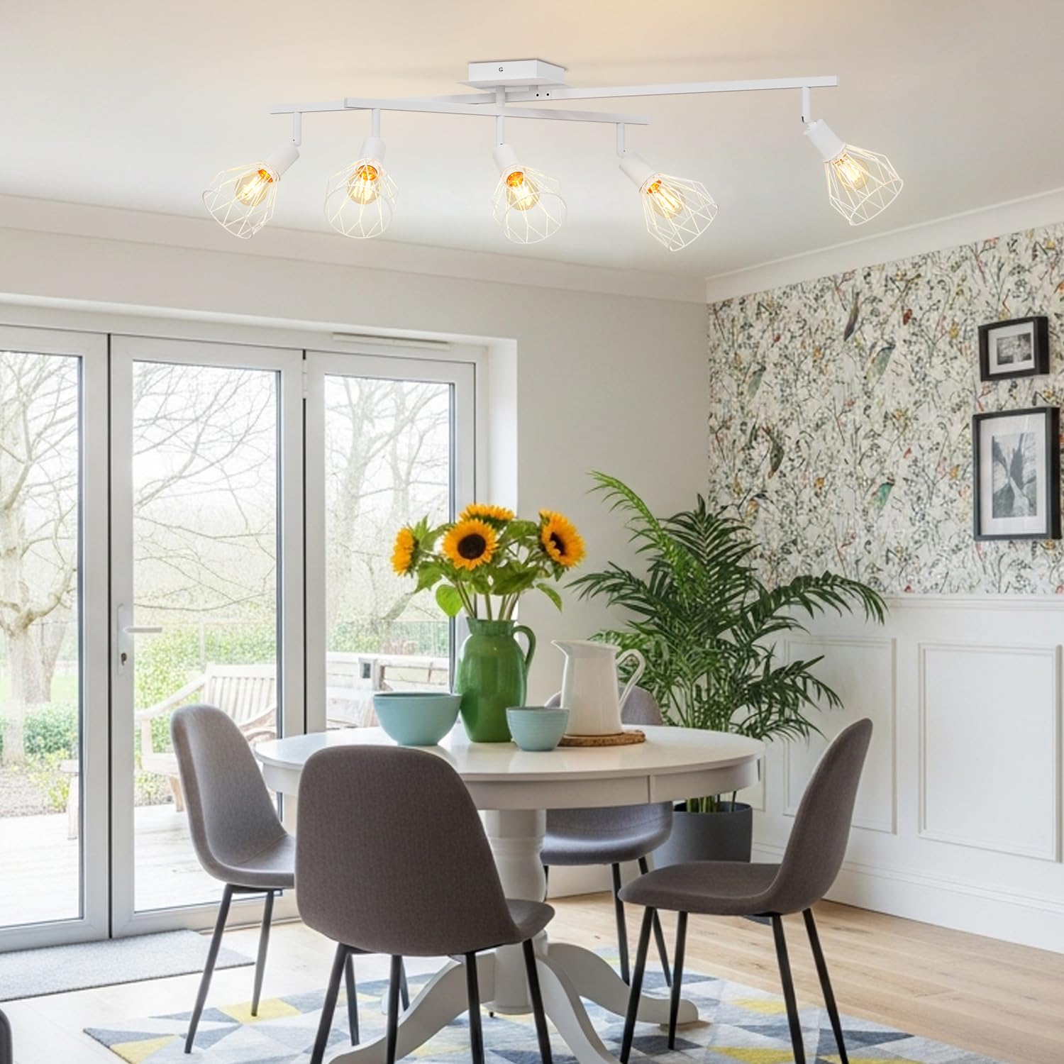 LVWIT Faretti Soffitto Bianco, Faretti Orientabili con 5 Attacco E14, Faretto da Interno Moderna, Lampadario Faretti per Barra, Salotto, Cameretta, Cucina,Corridoio Illuminazione (Senza Lampadina)