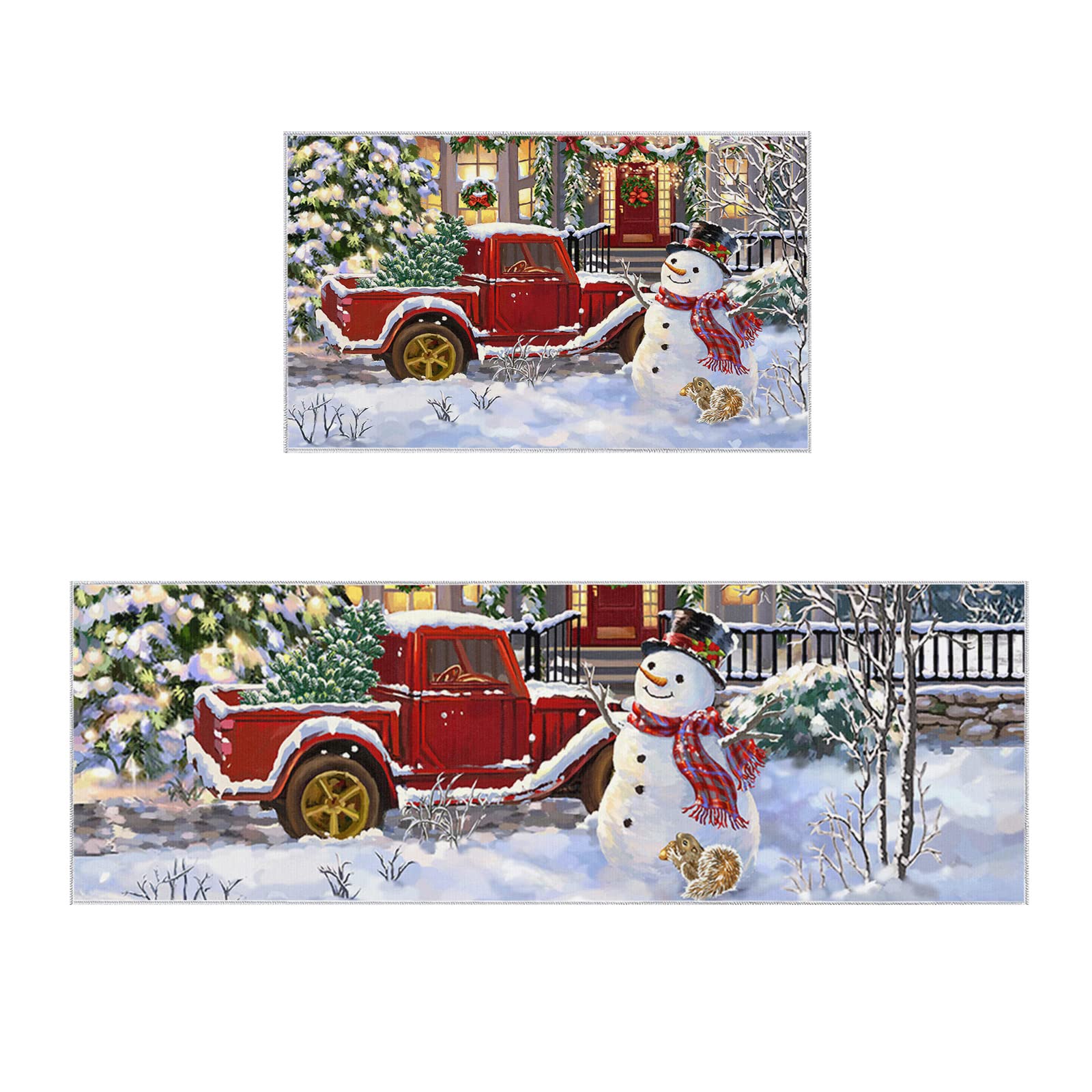 Christmas Kitchen Rugs and Mats Set of 2 Christmas Snowman Winter New Year Red Truck Xmas Tree Anti Fatigue Floor Mat Area Runner Rug for Kitchen Sink Living Room Bedroom 24
