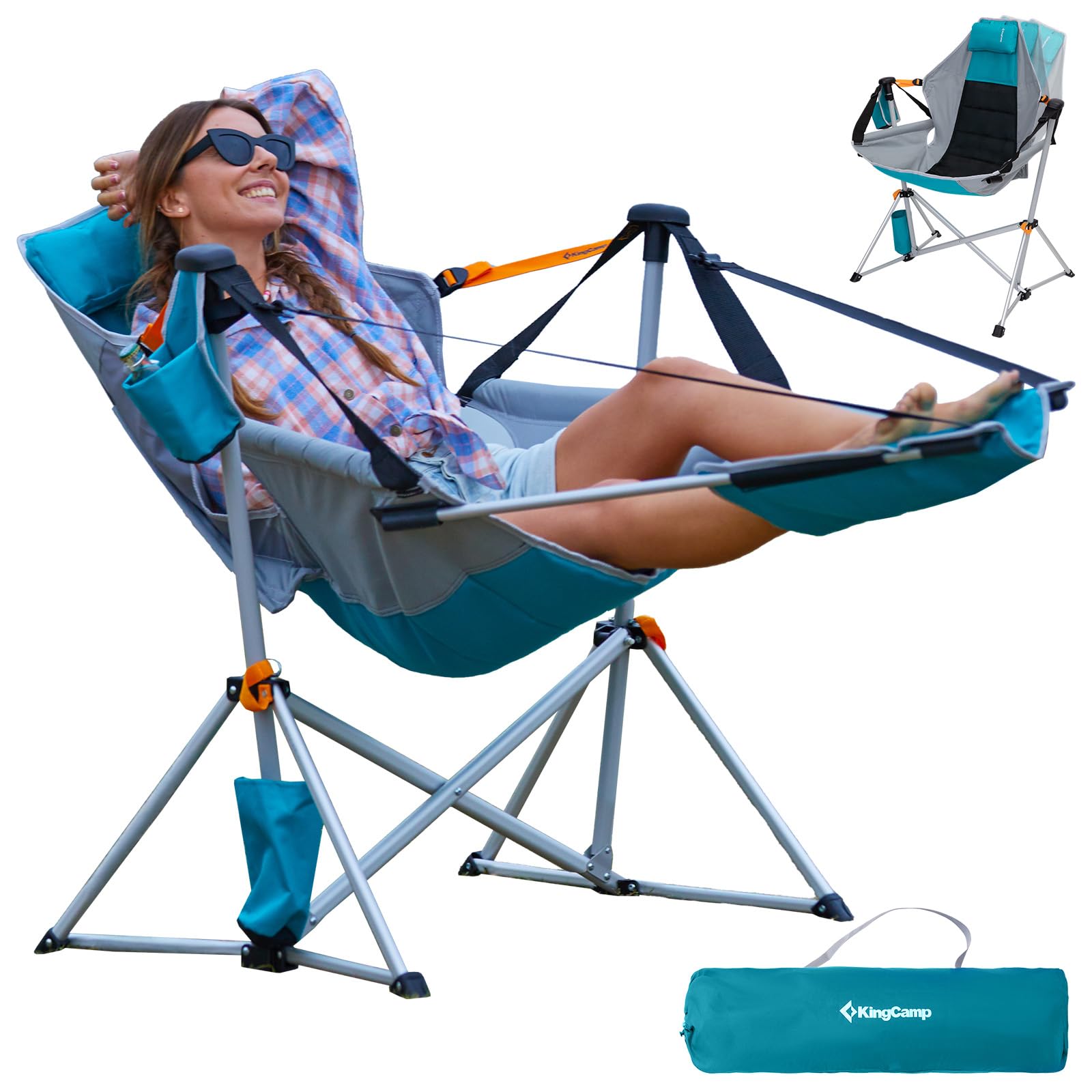 KingCamp Hammock Camping Chair, Aluminum Alloy Adjustable Back Swing Chair Hold Up to 300lbs, Folding Rocking Chair with Removable Footrest Pillow Cup Holder for Adults Outdoor Travel Beach Lawn(Cyan)