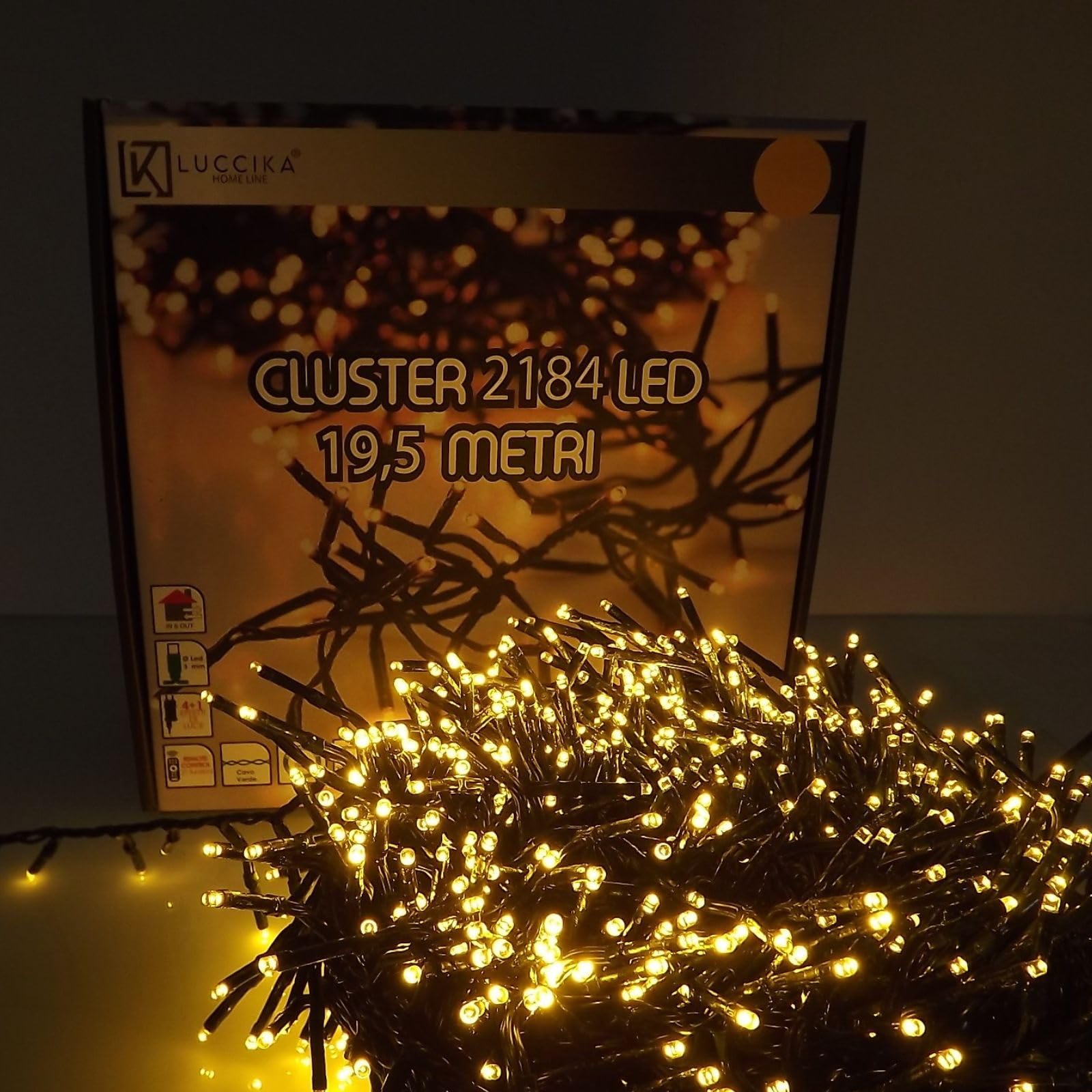 Luccika Cluster - Luces de racimo con LED de 3 mm de diámetro, 4 efectos de luz, mando a distancia, temporizador, cable verde IP44 para uso interior/exterior, 31 V (dorado, 19,5 metros – 2184 LED)