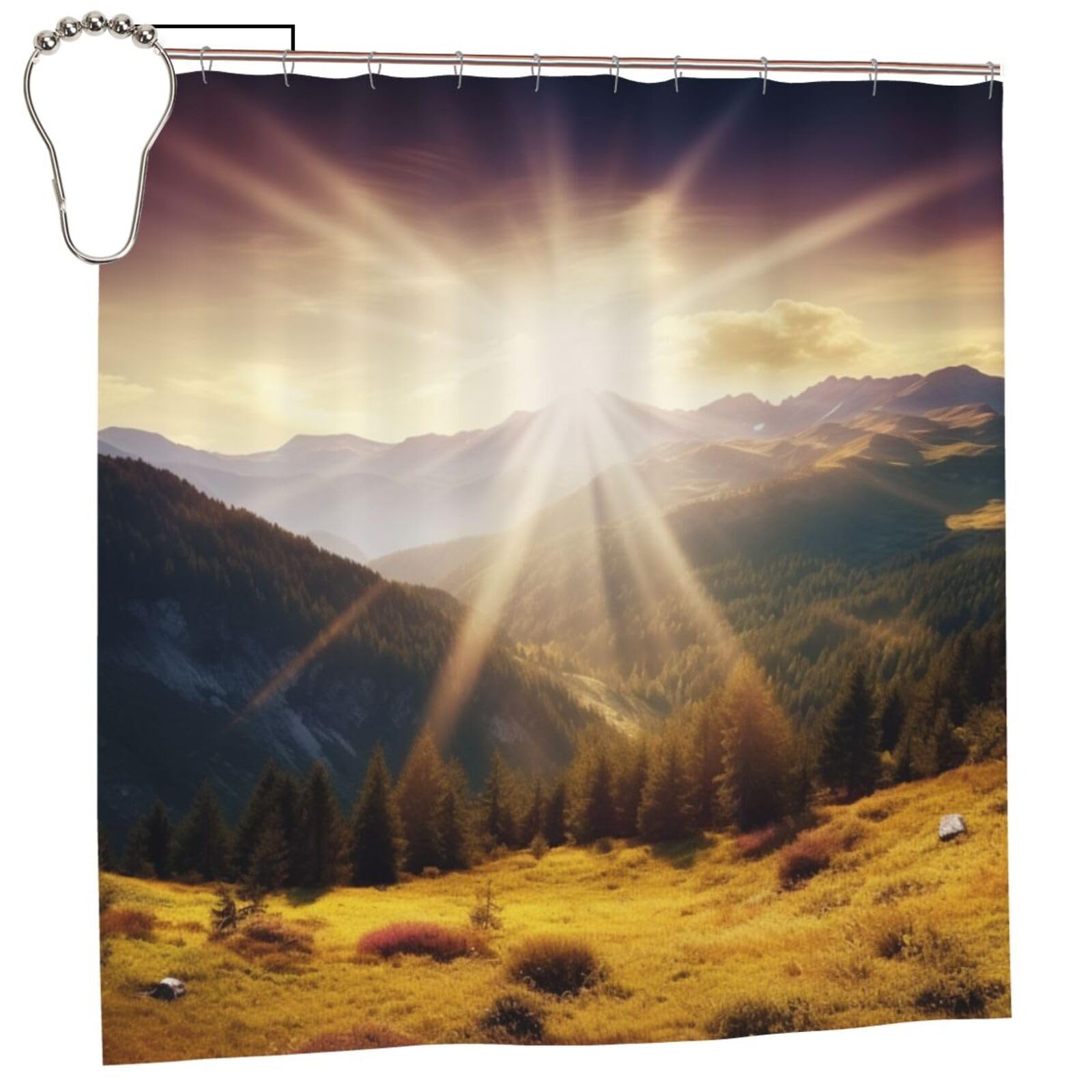BWWHCCTI Sunshine in Mountains Printed Shower Curtain With 12 Iron Hooks Opaque Quick Drying Waterproof Shower Curtains Sets For Bathroom 183x183 CM