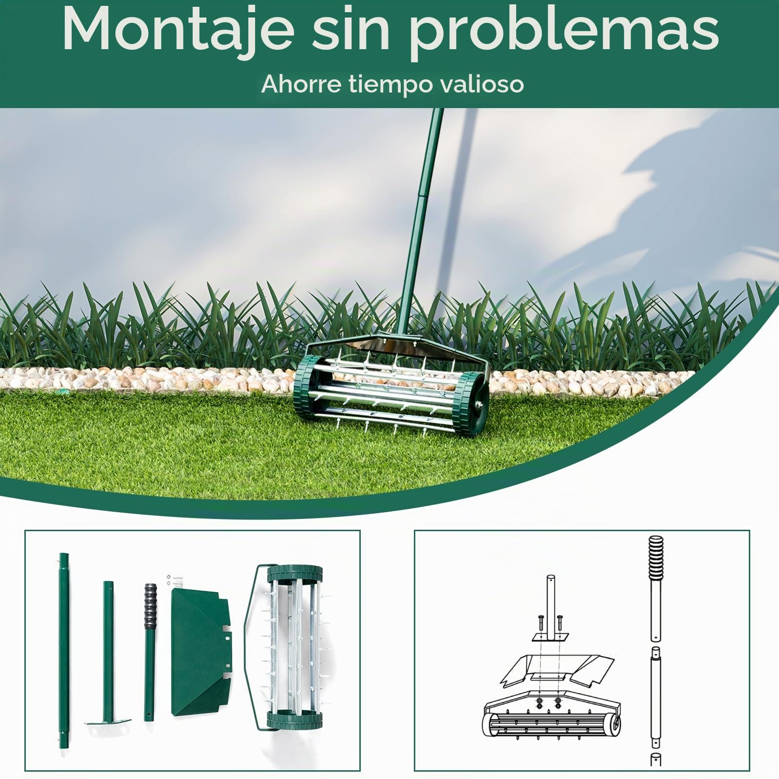 GOPLUS Aireador manual para césped con clavos de 3 cm y escudo protector ancho, aireador manual para jardín, patio, terraza, 46 x 23 x 127 cm