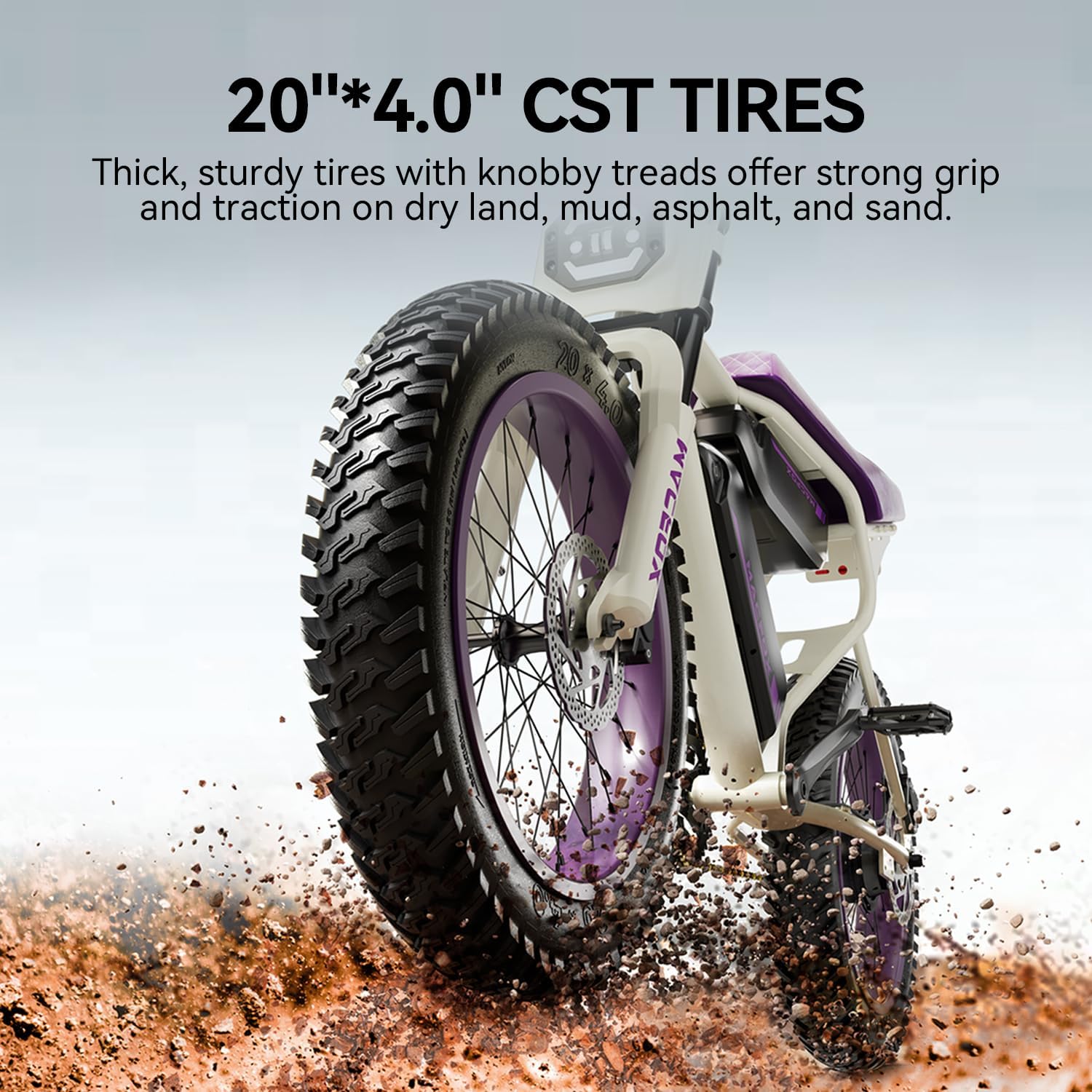 Close-up of the MACFOX X1S electric bike's 20x4.0 inch fat tires with knobby treads, showing them on a dirt path.