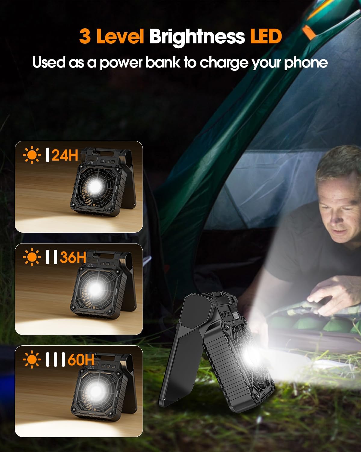 Solar Camping Fan 10400mAh, Solar Powered Fan with LED Lantern, 7W Rechargeable Battery Operated Fans for Outside, 4 Speeds, 2-8H Timer and Quiet Battery Powered Solar Tent Fans for Outdoor, Barbecue