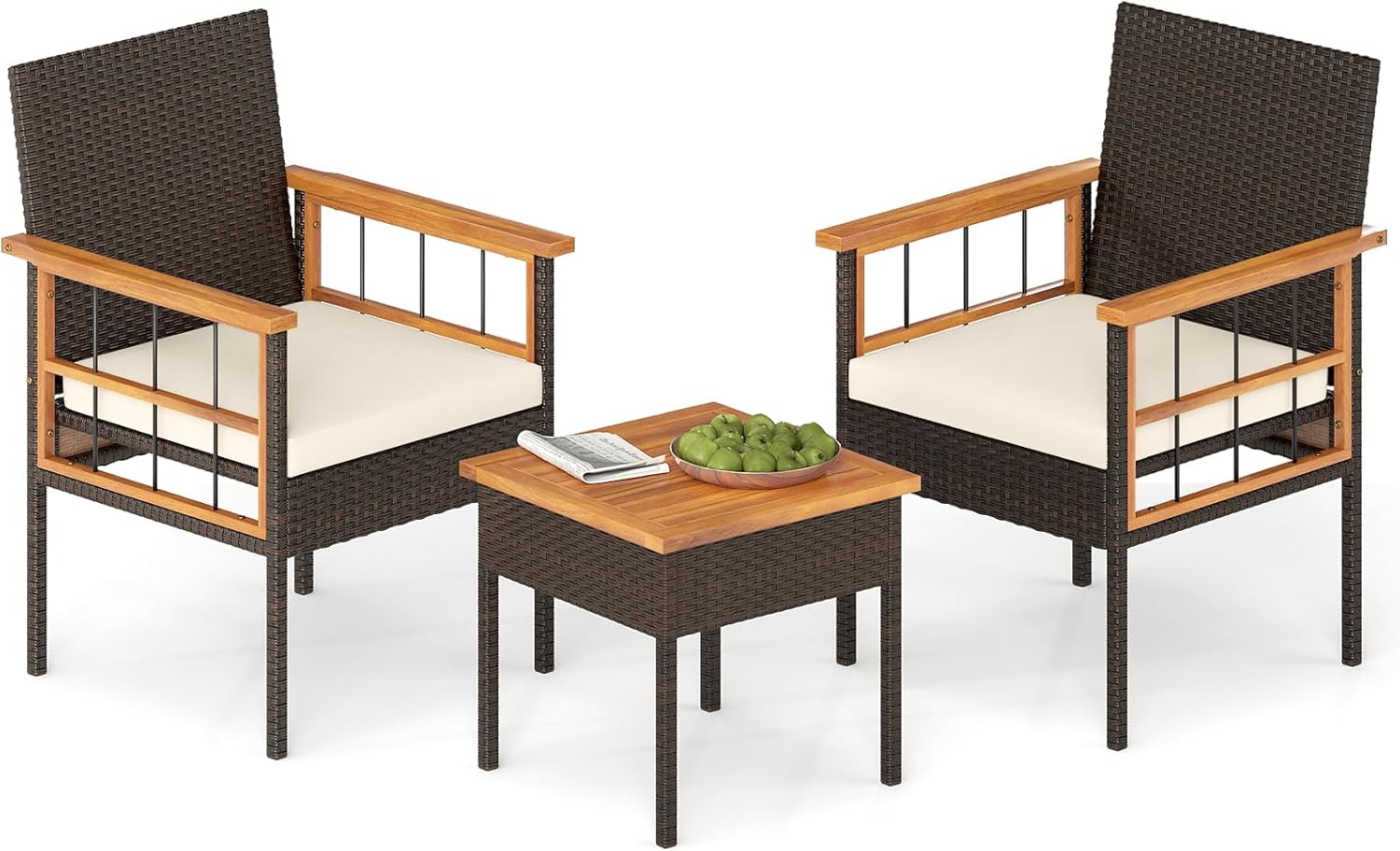 Tangkula 3 Piece Outdoor Wicker Conversation Furniture Set, Patio Rattan Cushioned Chair & Side Table Set with Acacia Wood Tabletop & Armrests, for Backyard, Porch, Balcony