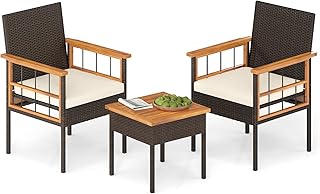 3 Piece Outdoor Wicker Conversation Furniture Set, Patio Rattan Cushioned Chair & Side Table Set with Acacia Wood Tabletop & Armrests, for Backyard, Porch, Balcony (Off White)