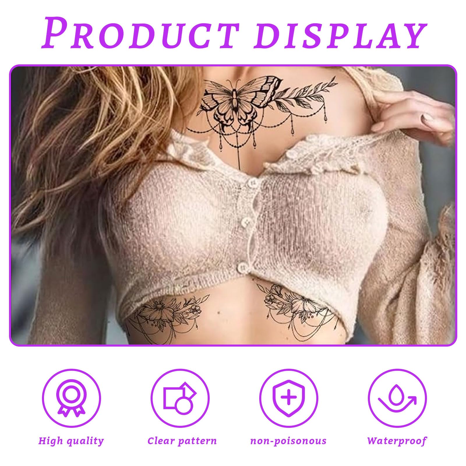 VelvetGlow 6 Sheets Large Black Flower Chest Underboob Temporary Tattoos For Women and Waist Back Fake Tattoos for Girl Adults Realistic Mandala Flower Branch Tattoo Stickers Body Art - Image 4