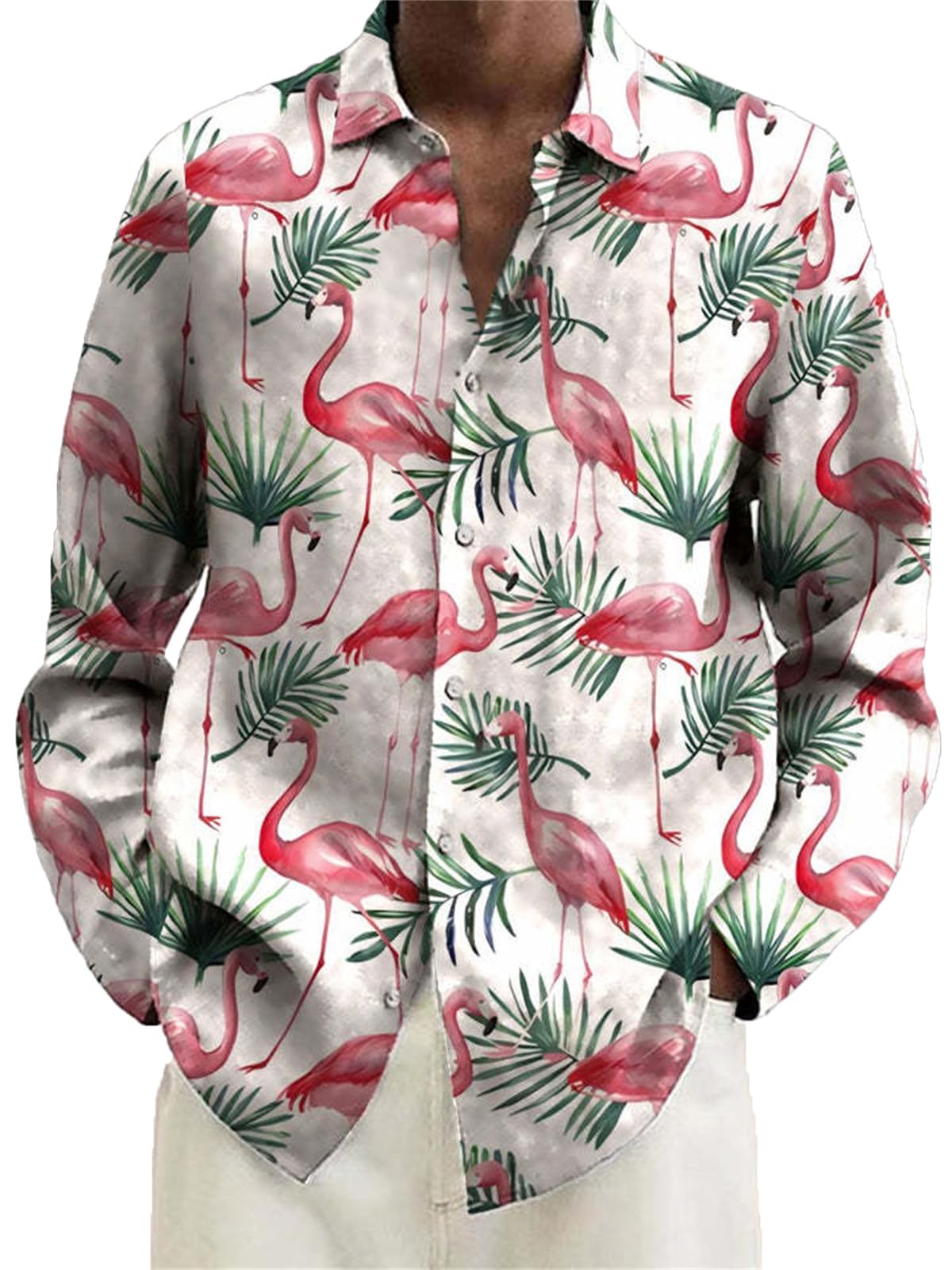 famesale Men's Flamingo 3D Printed Long Sleeve Shirts Summer Beach Hawaiian Shirts Casual Button Down Tops