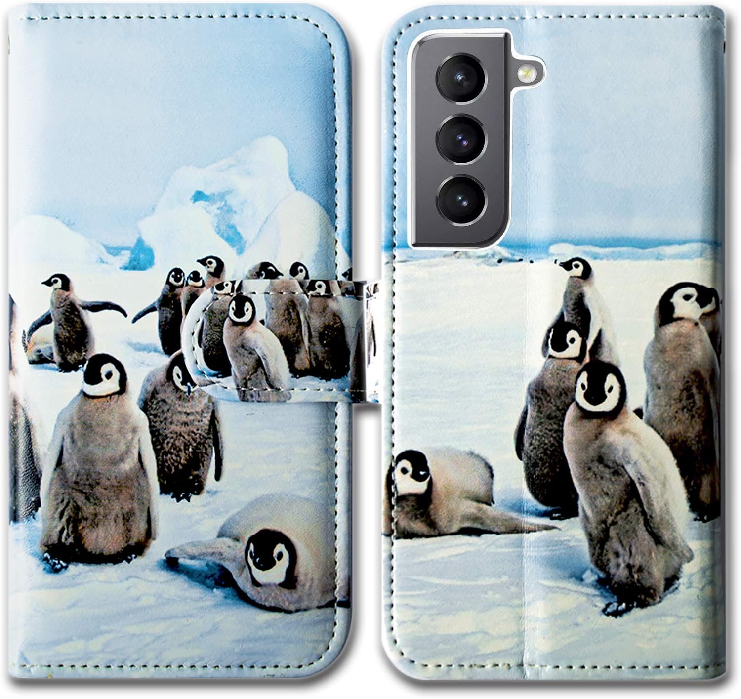 Bcov Galaxy S21 Case, Cute Playing Penguin Leather Flip Phone Case Wallet Cover with Card Slot Holder Kickstand For Samsung Galaxy S21