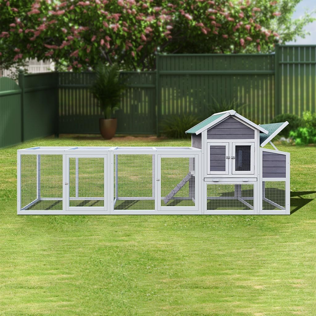 Outdoor Chicken Coop with Run, 122" Large Wooden Chicken Hutch Poultry Cage with Nesting Box, Leakproof Pull-on Tray & Waterproof Asphalt Roof, Multi-Level Hen House for 3-6 Chickens