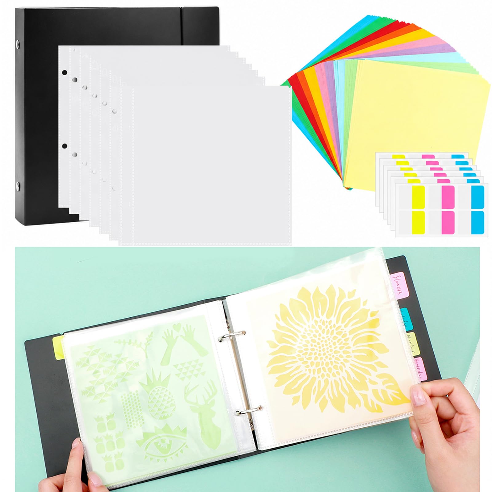 Cookie Stencil Storage Binder for Storage 6x6inch Stencils,Die Cuts,DIY Scrapbooking,Clear Stamp,Storage Folder Organizer Include 1 Black Cover,50 Sleeve,50 Backing Paper and 10 Sheets Divider Tabs