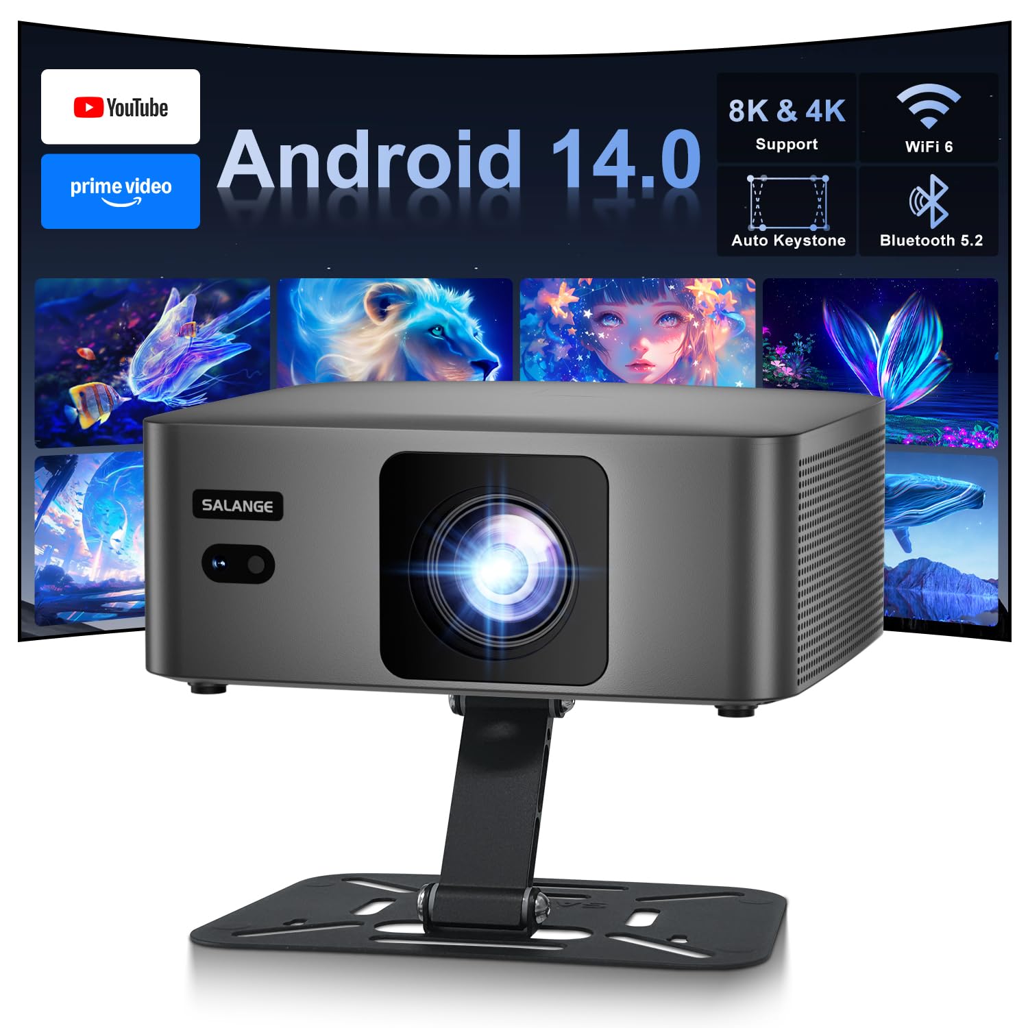 Mini proyector 4K 8K, proyector de video inteligente nativo 1080P Android 14, con WiFi 6, Bluetooth 5.2, proyector portátil automático Keystone, proyector de cine en casa con soporte ajustable de 90°
