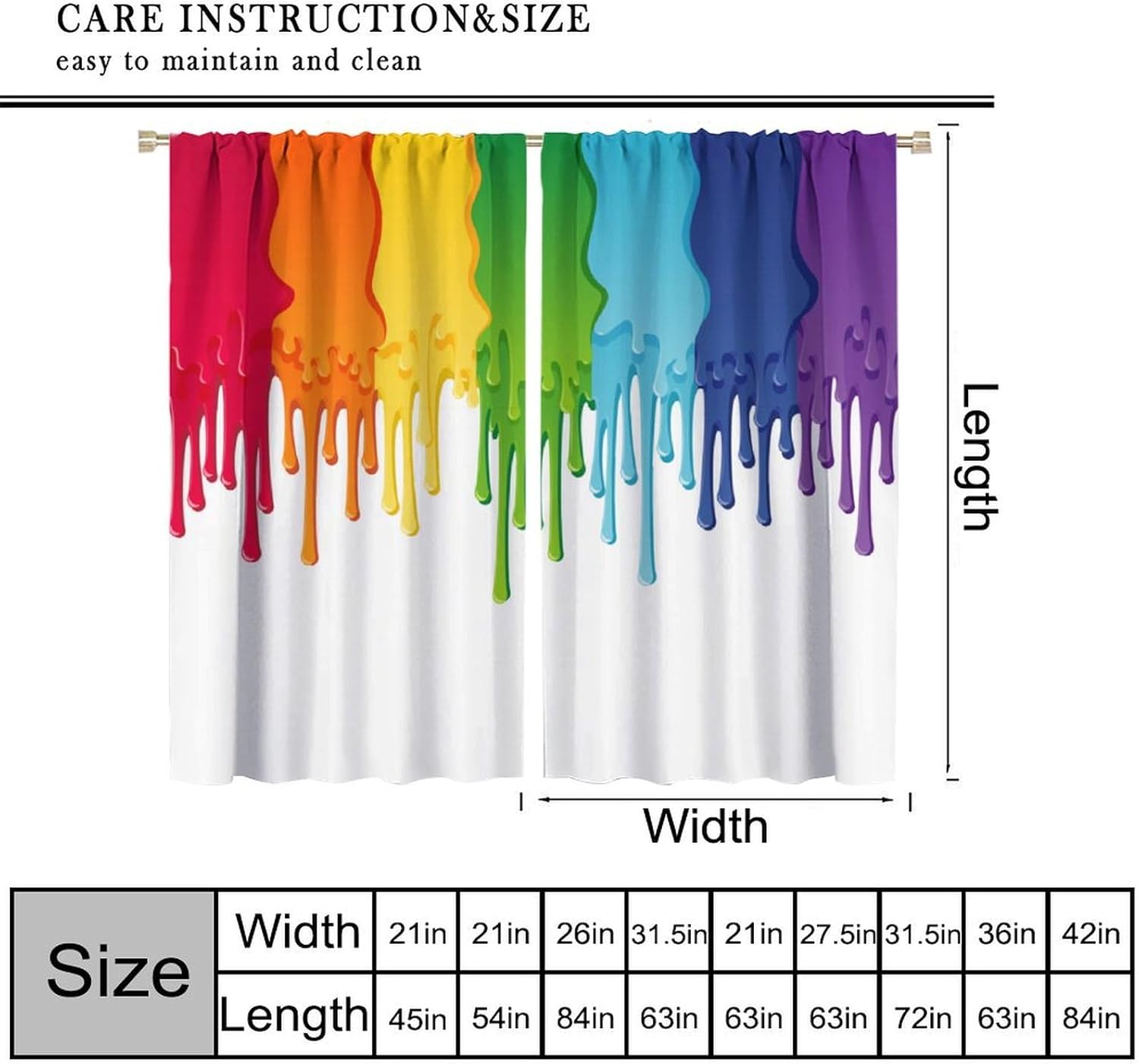 Rainbow Curtain Abstract Colorful Rainbow Cartoon Paint Leaking Splattered Drops Creative Graphic Blackout Window Drapes for Bedroom Living Room Kitchen Cafe Decor （W21xL45 Inch） x2 Panels