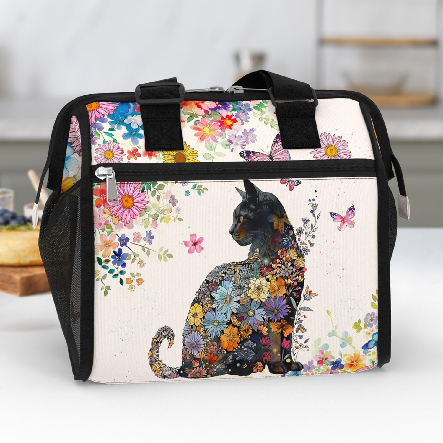 84hoods Insulated Lunch Bag for Women. Gift for Cat Lovers. Large Lunch Box for Work Office Travel Picnic with Adjustable Strap. Flower Pattern. - Image 6