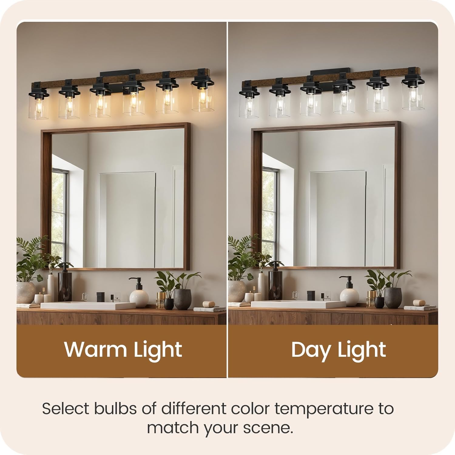 6-Light Bathroom Light Fixtures, Farmhouse Vanity Lights for Bathroom with Glass Square Shade, Rustic Vanity Lights, Sconce Wall Light, E26 Base (Bulbs Not Included), ETL Listed FS12BD05