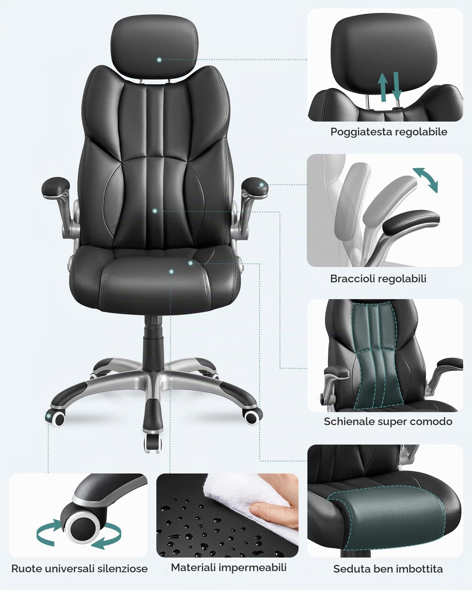 SONGMICS Sedia da Ufficio, Poltrona Girevole Ergonomica, con Braccioli Pieghevoli, Base a Stella in Nylon, Carico Massimo 150 kg, Nero OBG65BK