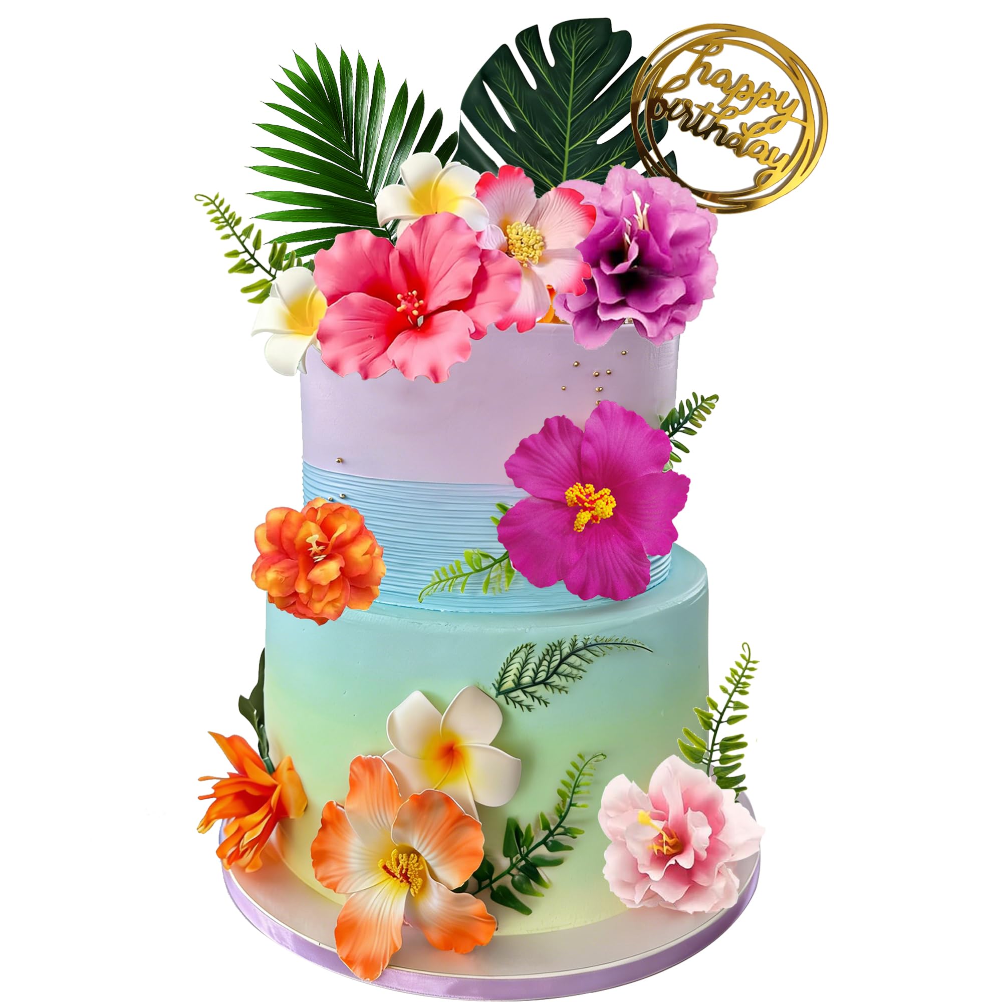 Giyehehi 19-piece Hawaiian cake decoration set, tropical cake toppers with hibiscus flowers and palm leaves for summer flamingo, beach and birthday parties