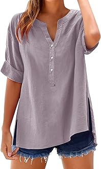 Linen Tops for Women Summer Work Shirts Trendy Button Down Plus Size V Neck Boho Clothes Spring Tops for Women 2025