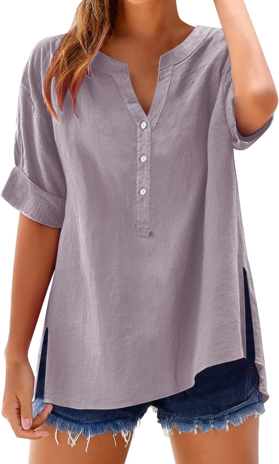 Linen Tops for Women Summer Work Shirts Trendy Button Down Plus Size V Neck Boho Clothes Spring Tops for Women 2025