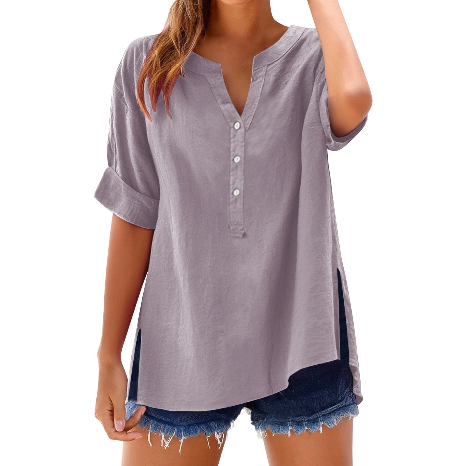 Linen Tops for Women Summer Work Shirts Trendy Button Down Plus Size V Neck Boho Clothes Spring Tops for Women 2025