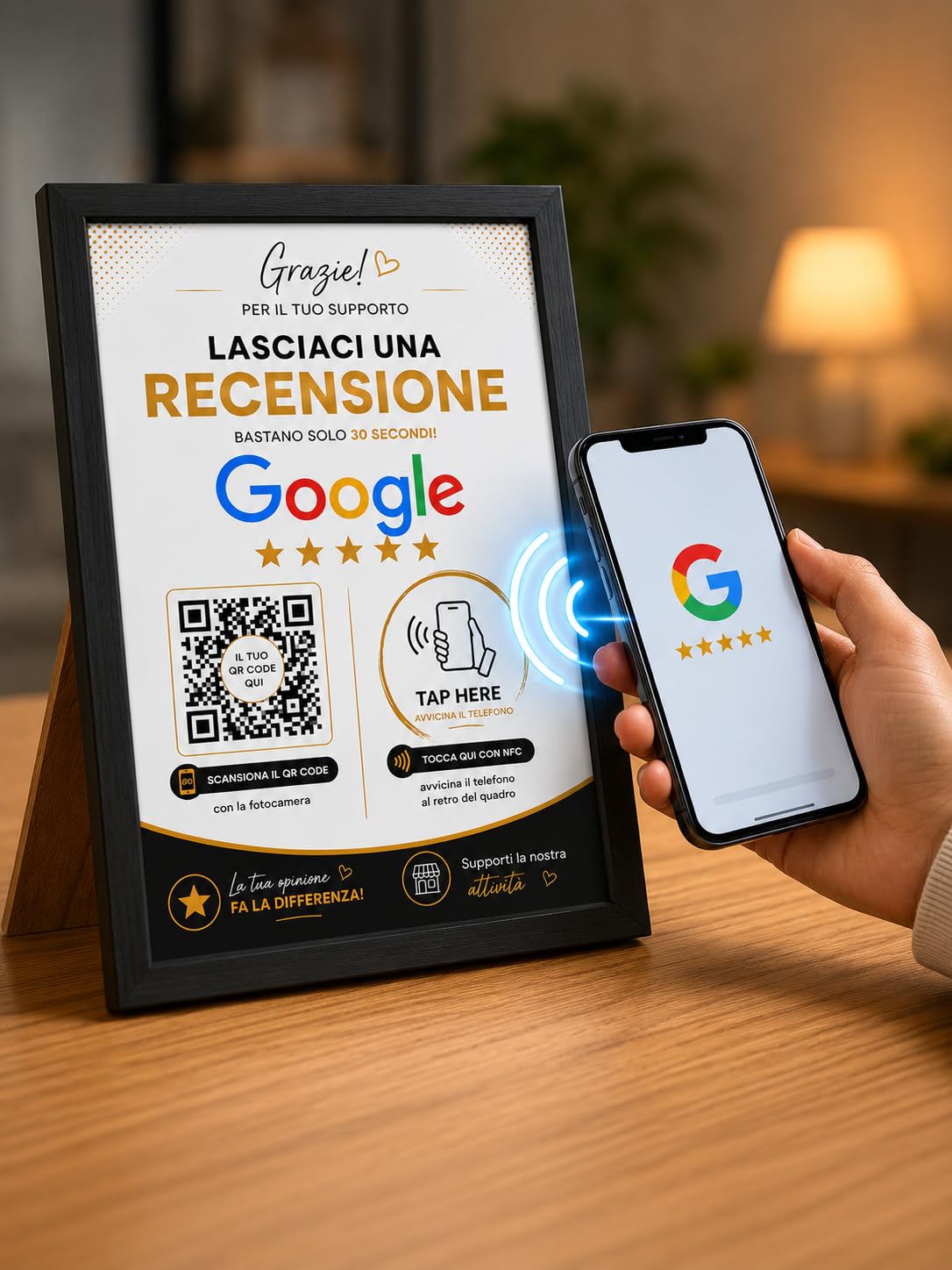 Targa Recensioni Google NFC + QR Code Personalizzata con Cornice 13x18cm | Google Review Stand per Bar Ristoranti Pizzerie Hotel Negozi | Accesso Diretto alle Recensioni