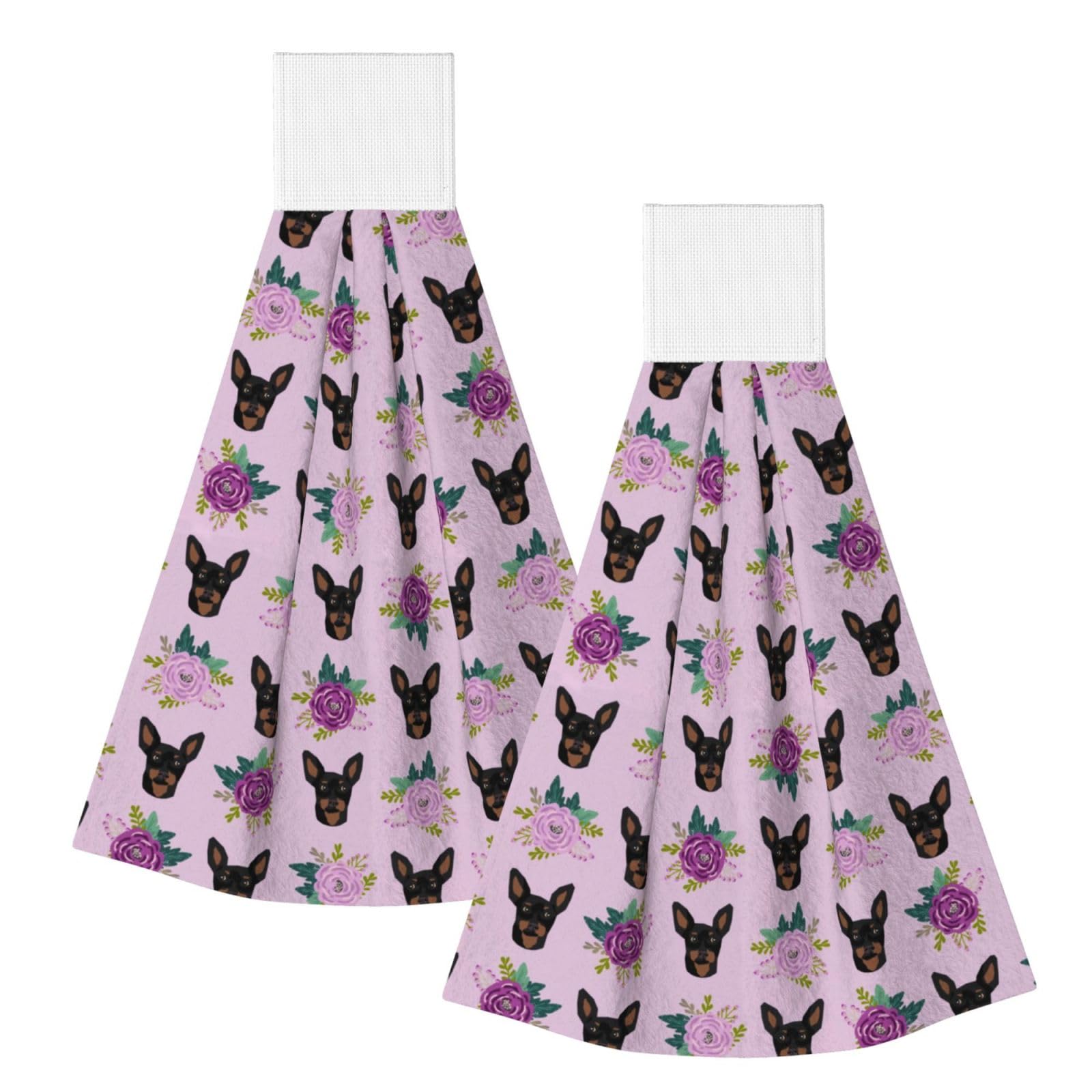 DOPKLNA Miniature Pinscher Lavender Florals, 2 Pcs Hanging Coral Fiber Hand Towels for Bathroom, Absorbent Kitchen Towels