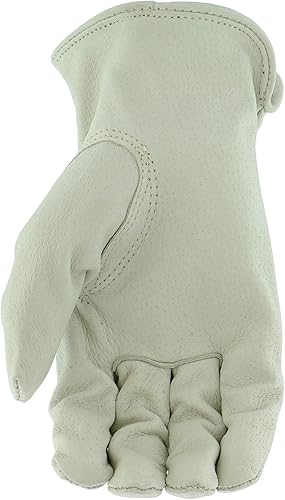 Miniatura 4 de Boss Guantes de trabajo de cuero de cerdo para hombre, resistentes al desgarro, pulgar Keystone, muñeca elástica fruncida, color blanco