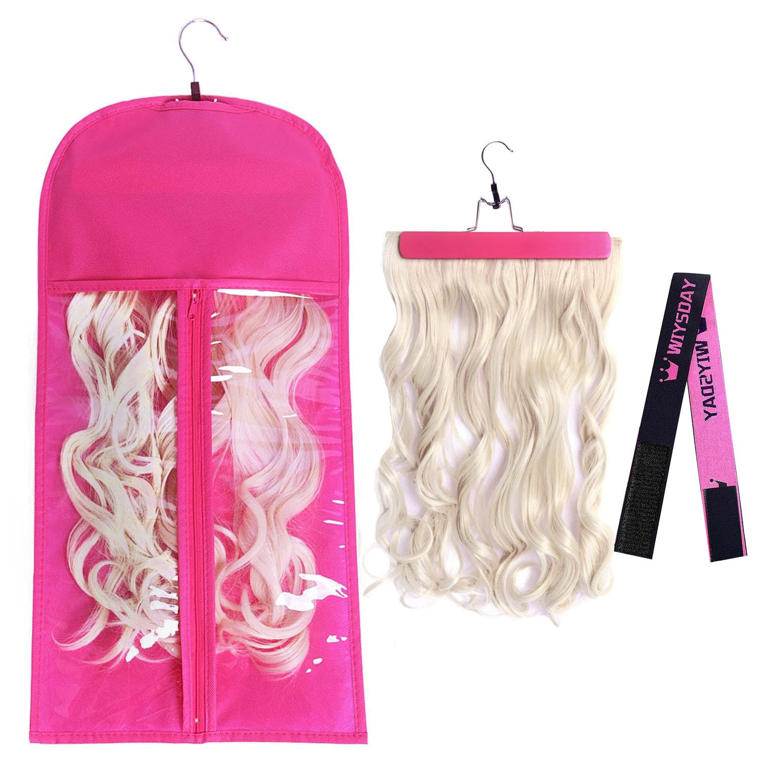 gccgcc 1pc Hair Extension Holder with Wooden Hanger, Portable Wig Bags Storage, Dust-proof Hair Extension Hanger for Hairpiece Human Hair, 23.6 Inch