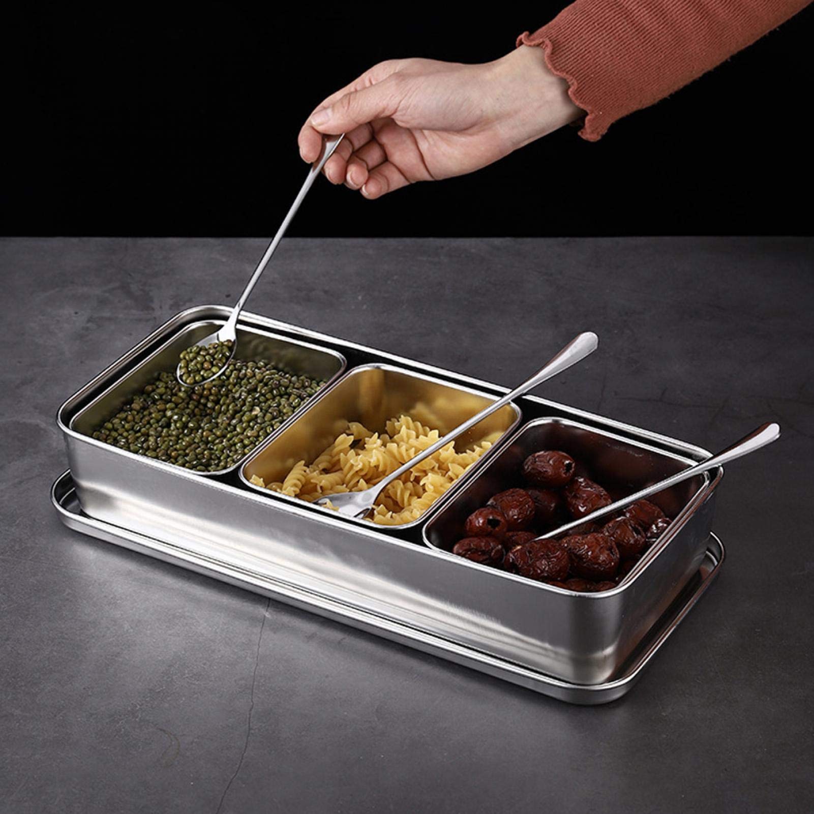 Scatola per Condimenti, Portacondimenti Set di 3 Condimento Box Spezia Jar, Sei Scatola di Condimento in Acciaio Inox Estraibili con Coperchio e 3 cucchiai per spezie, condimenti
