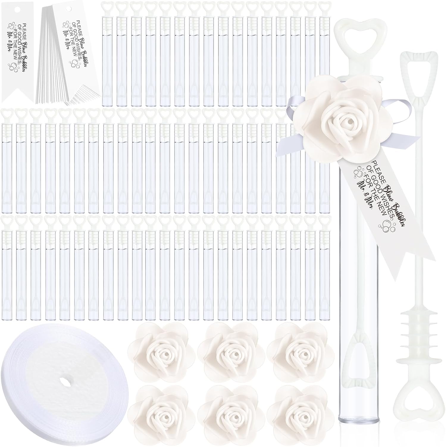 200 Set Wedding Bubble Wands Bulk Set Include Mini Heart Bubble Wand with Refill Flower Ribbon and Tags for Wedding Send Off Guests Anniversaries Party Favor(White)