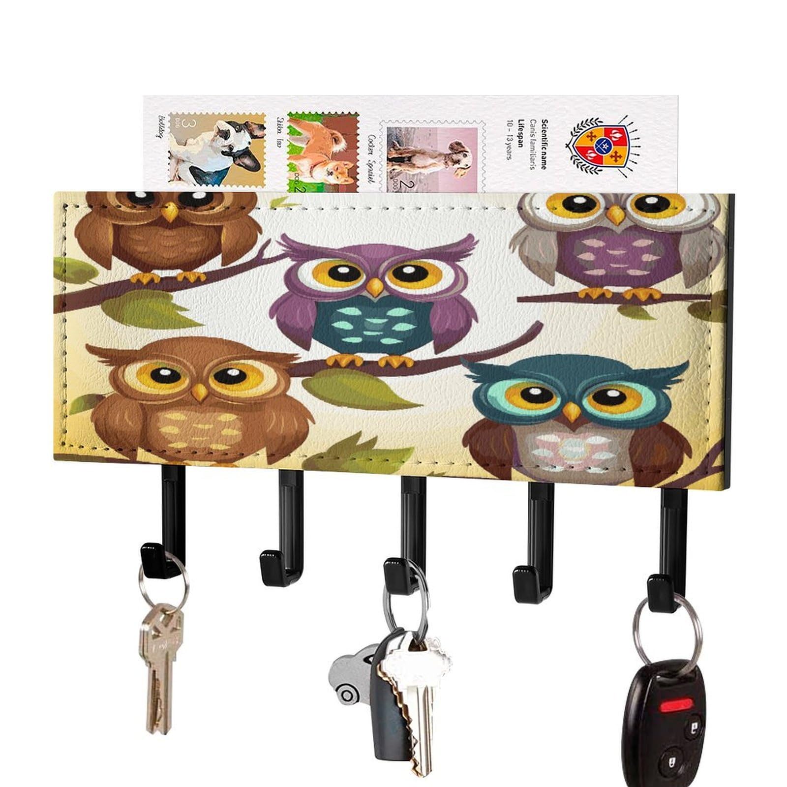 FekiLoot Owls Birds Key Holder for Wall Decorative Mail Organizer with 5 Key Hook Self Adhesive Key Rack with Tray Coat Rack Wall Mount Key Hanger Decor for Entryway Door