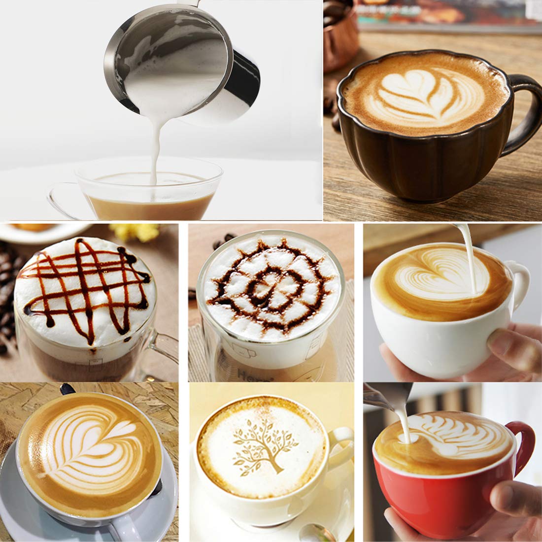 Ręczny spieniacz do mleka, pompka ręczna ze stali nierdzewnej pianka do mleka dzban do spieniania mleka zrób to sam fantazyjny krem do kawy spieniacz do mleka do cappuccinos Coffee Latte, 400 ml