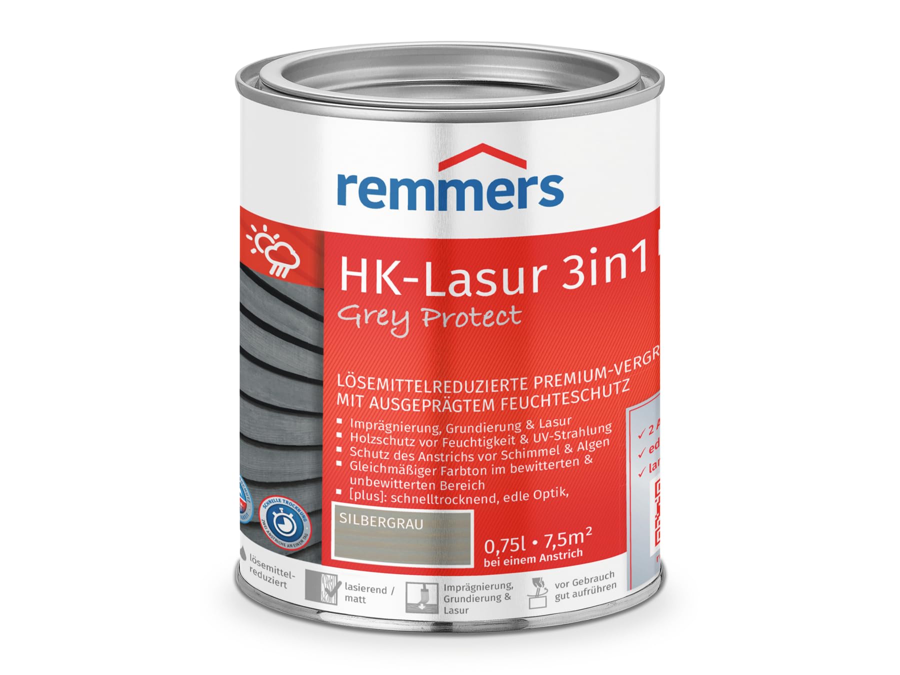 Remmers Aqua HK Stain 3in1 Grey Protect Silver Grey, 0,75 Litre, Woodstain, for Fences, carports, Summer Houses, Natural Grey Tones, 3in1 Wood Preservative — image 1