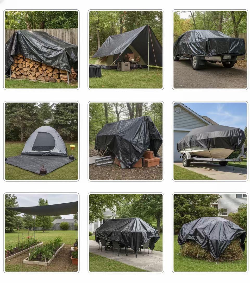 3X5 M Bâche imperméable et résistante en polyéthylène 130 g/m² – Noir uni – Anti-UV et antigel – avec œillets métalliques renforcés – Multi-usages pour Jardin, Camping, Meubles, tonnelle, abri