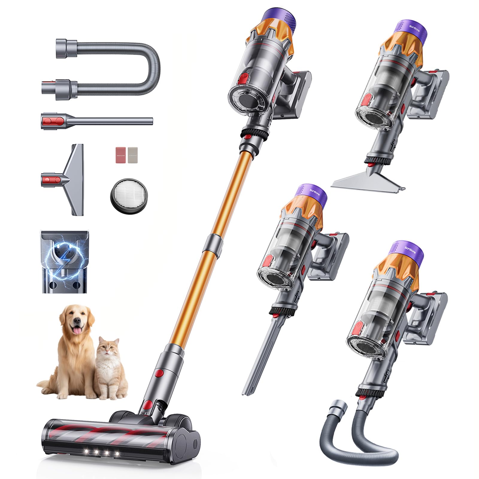 SunSare Aspirateur Balai sans Fil, 650W/55KPA/70Mins Aspirateur sans Fil Puissant avec Tuyau Extensible 1M, Parfumé, Chargement Mural, Aspirateur Balai Écran LCD Auto pour Poils d’Animaux/Sols/Tapis