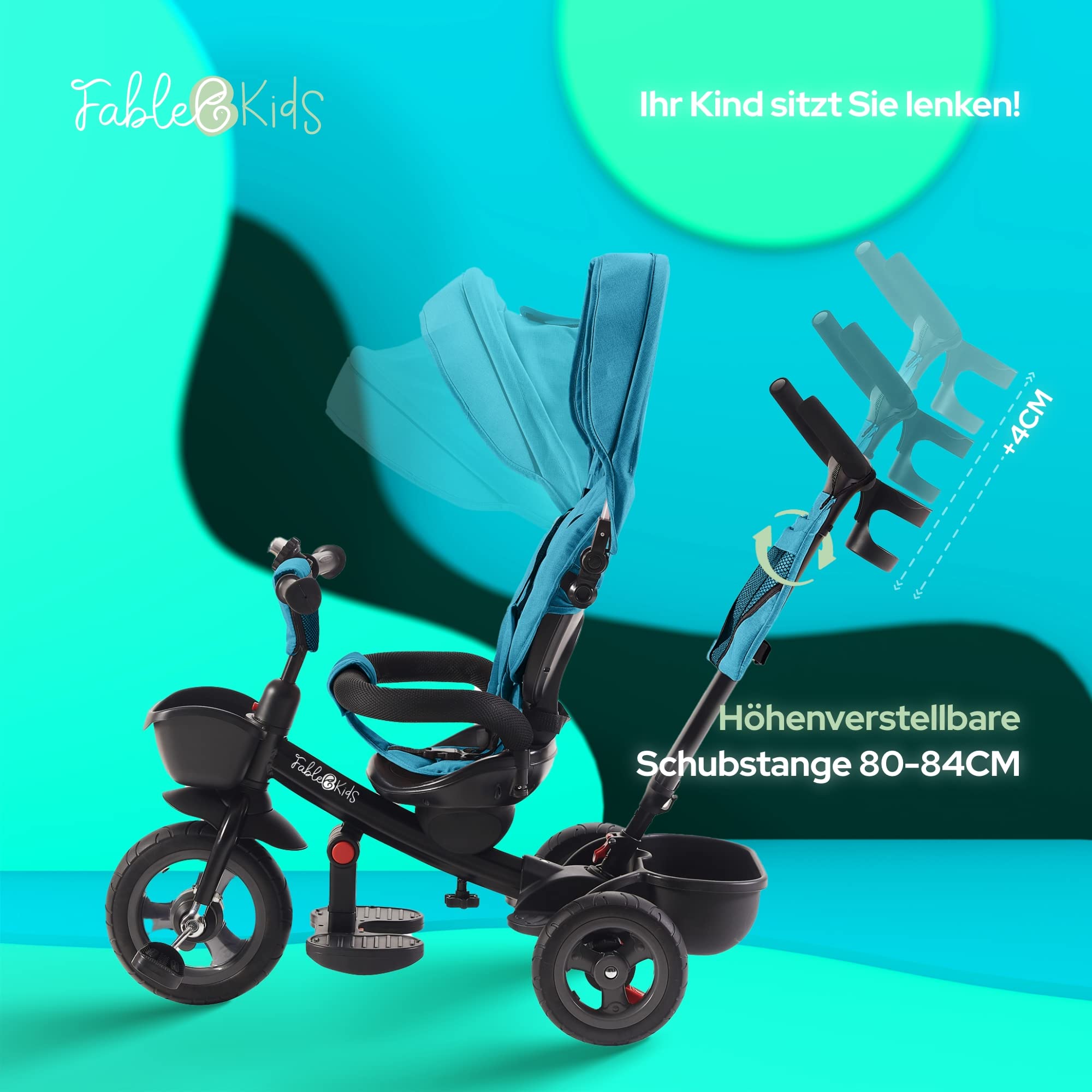 FableKids 5in1 Dreirad ab 9 Monate bis 25kg | Kinderdreirad mit Schubstange, 360° drehbarem Sitz, Verdeck mit Sonnenschutz, 3-Punkt-Gurt, PU-Reifen, Korb & Zubehör für Babys & Kleinkinder | Türkis