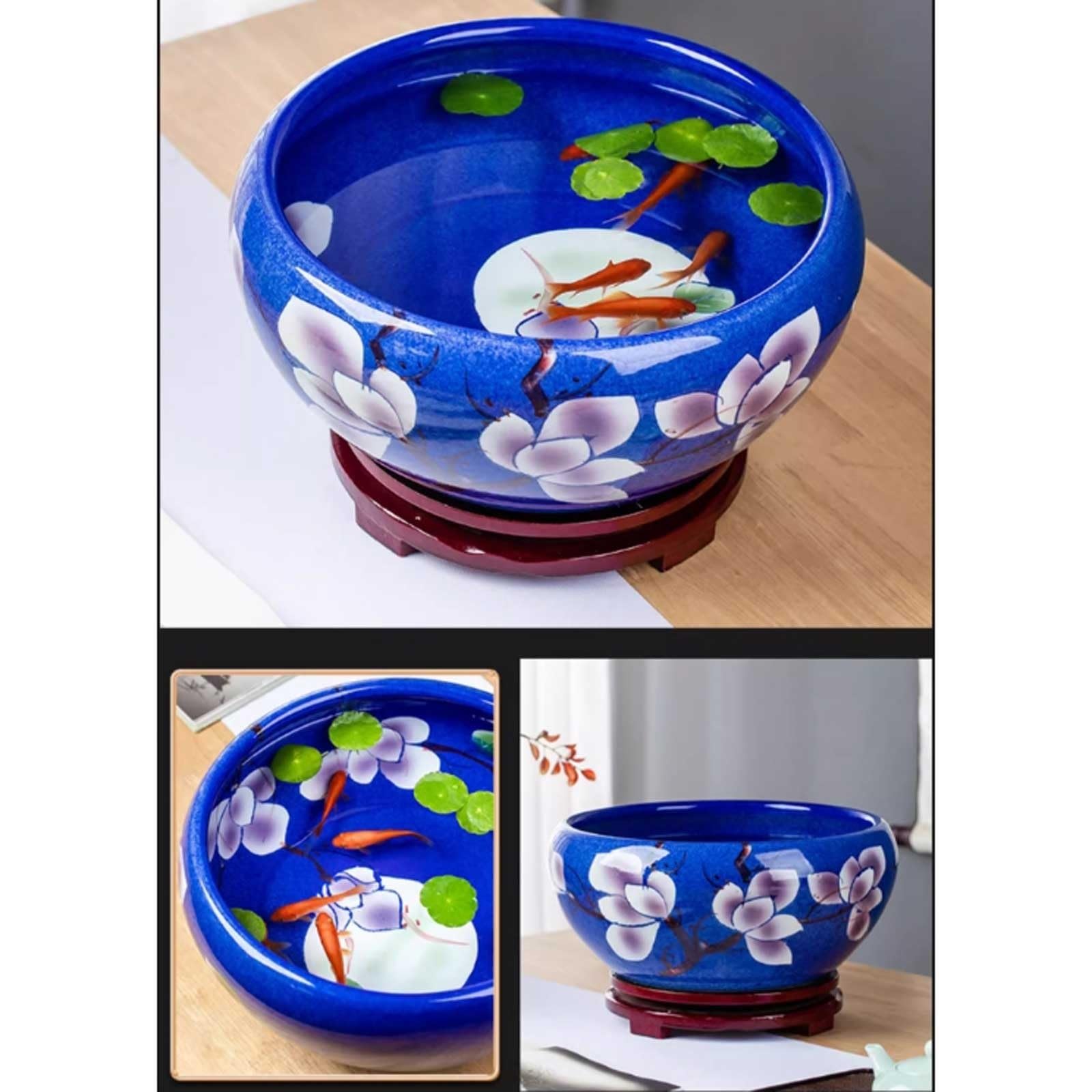 Acquario per Pesci Acquario in ceramica con motivo a magnolia blu scuro, decorazione da tavolo for buona fortuna, acquario for tartarughe, vaso rotondo in ceramica for fiori Acquari(41x41x17cm)