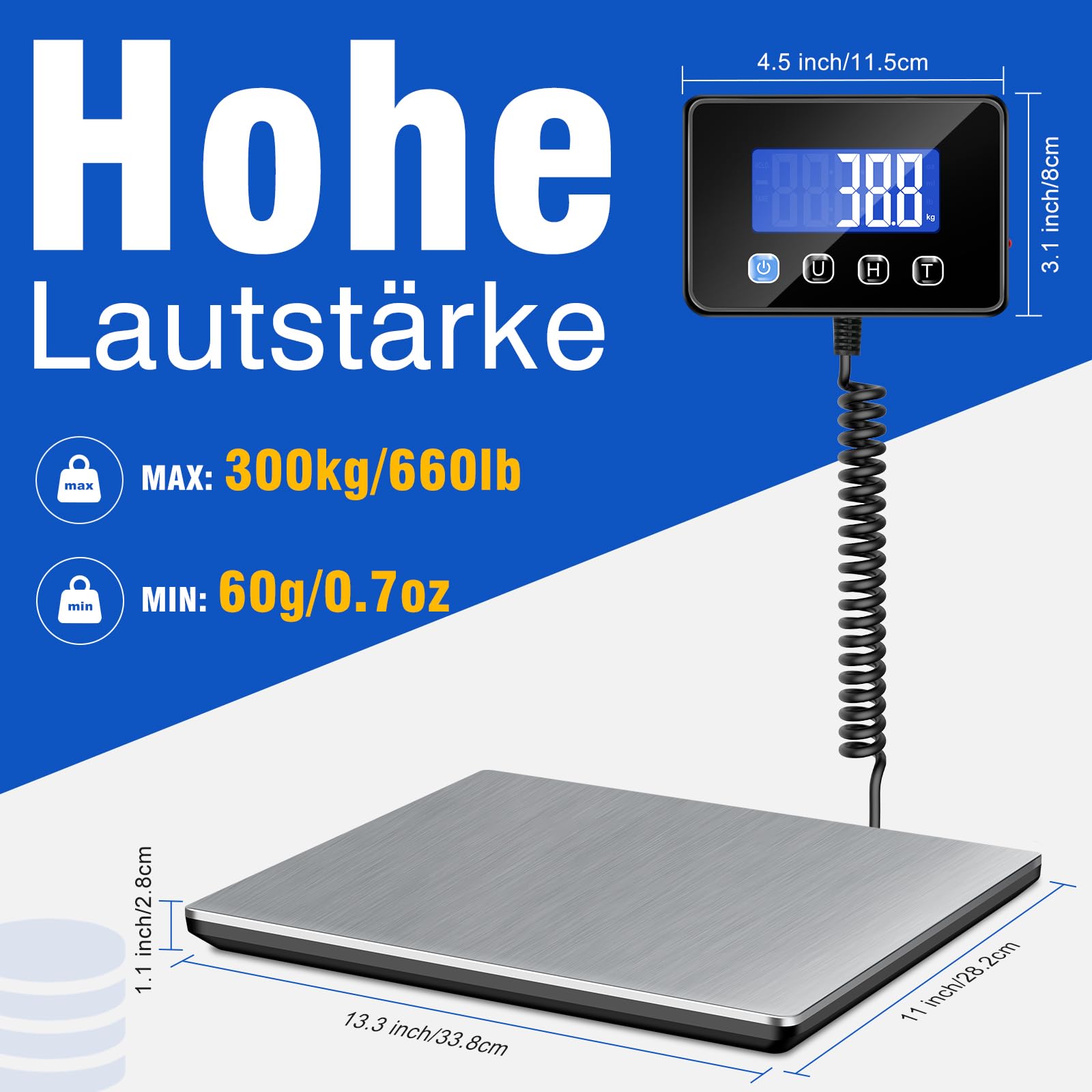 Paketwaage 300kg Plattformwaage 20g Genauigkeit LCD Hold Tara Funktion Batterien Typ-C