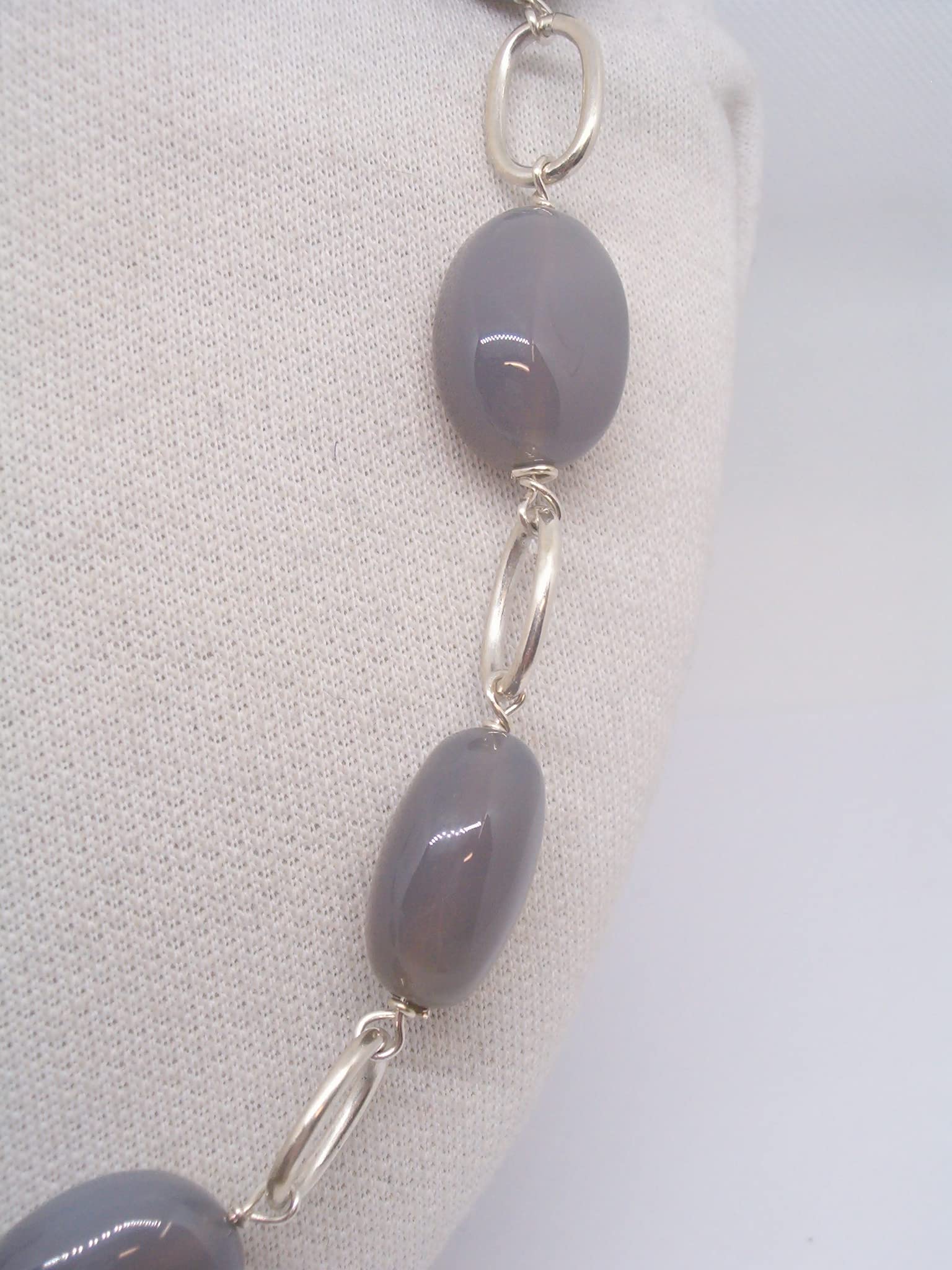 Collana in Argento 925 e Agata Grigia Naturale - Girocollo con Pietre Dure - Chiusura con Moschettone