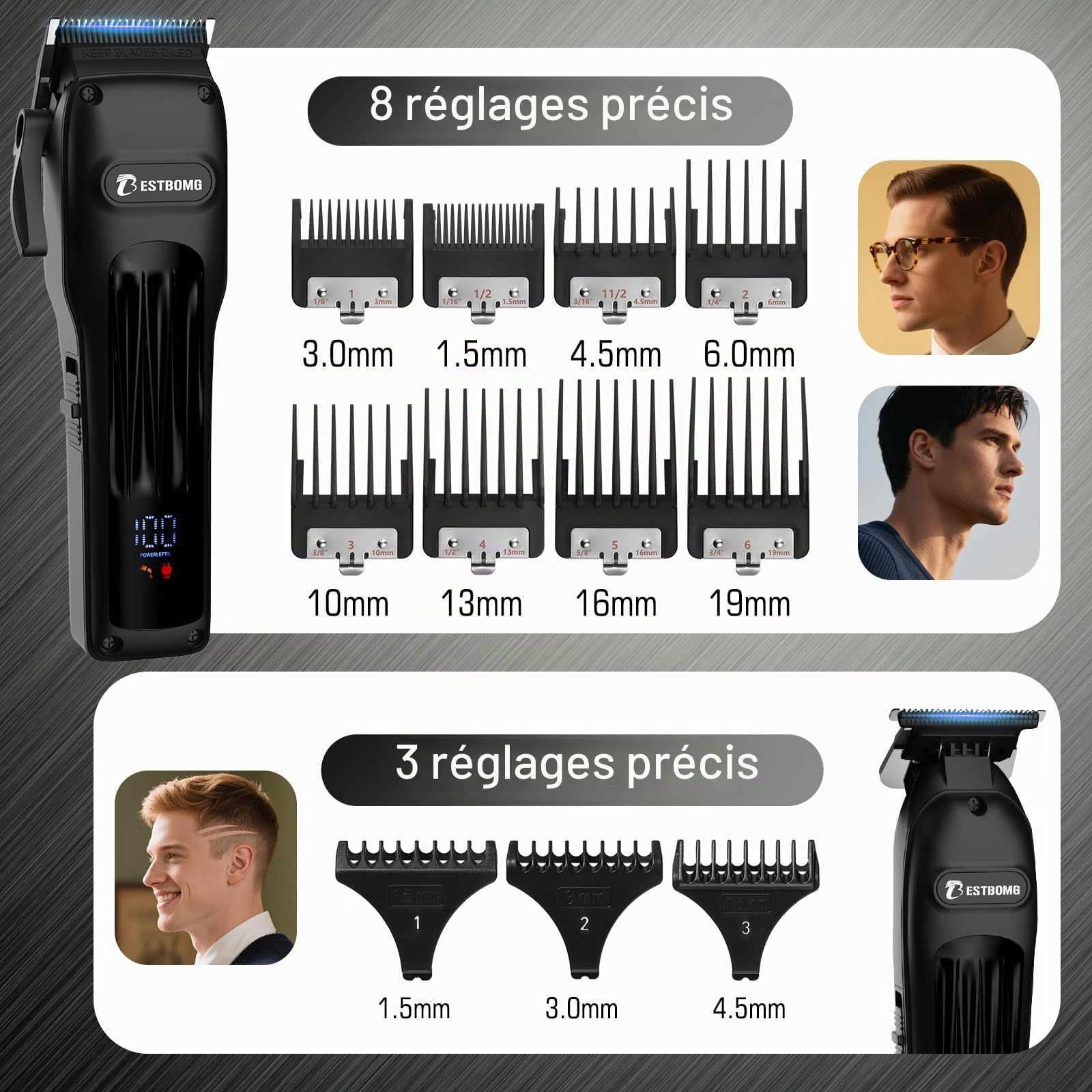 BESTBOMG® Tondeuse à cheveux professionnelle pour homme, tondeuse à barbe et rasoir rechargeable, lame en T en métal, écran LED, kit de coupe de cheveux pour homme et cadeaux, BS-808A (noir)