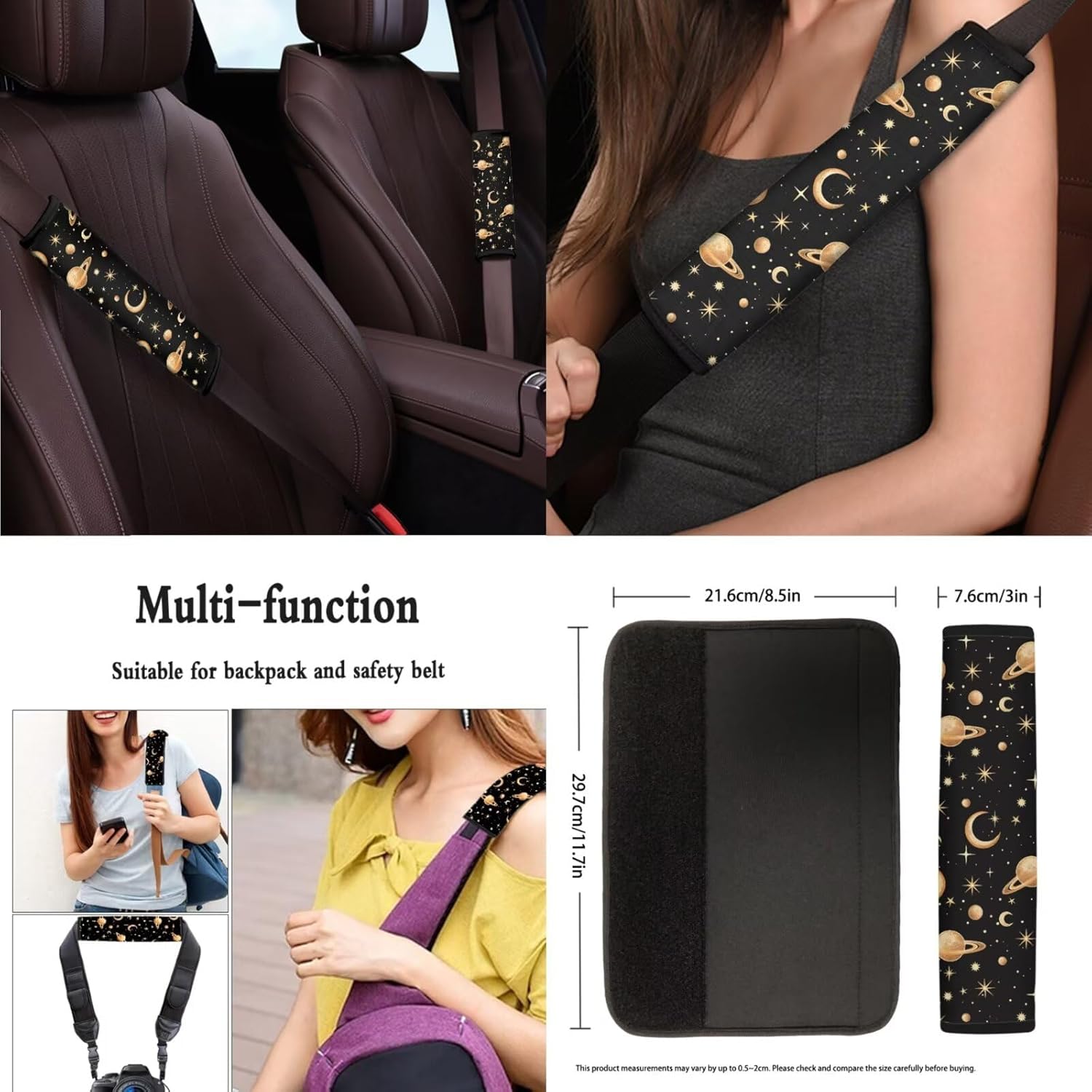 Gold Moon Stars Planet Print Car Seat Cover Full Set,Steering Wheel Cover Armrest Cover Seatbelt Car Coasters Lip Holder with Keychains,Universal Auto Interior Accessories